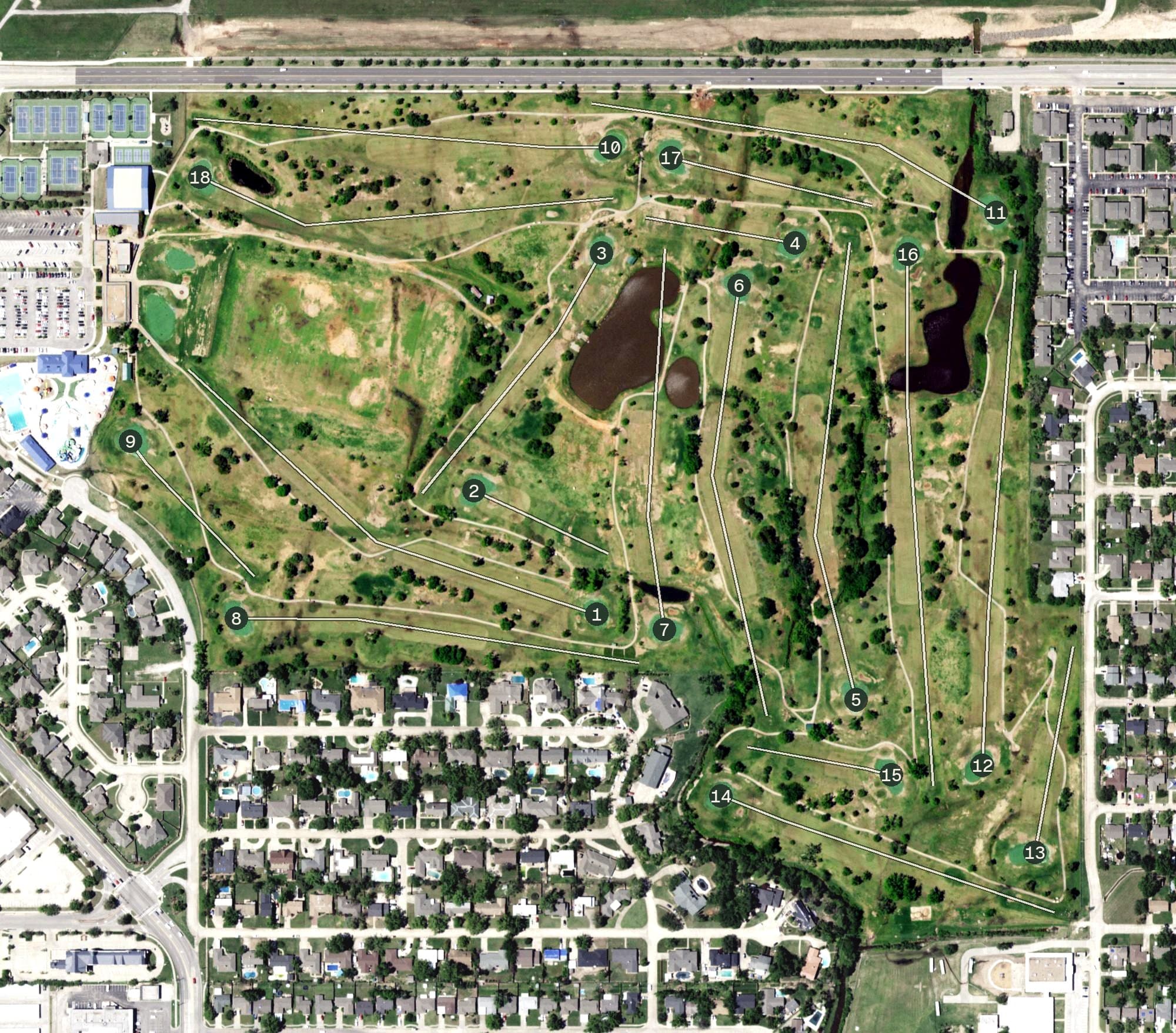Aerial view of Westwood Golf Course, OK, with its hole routing marked
