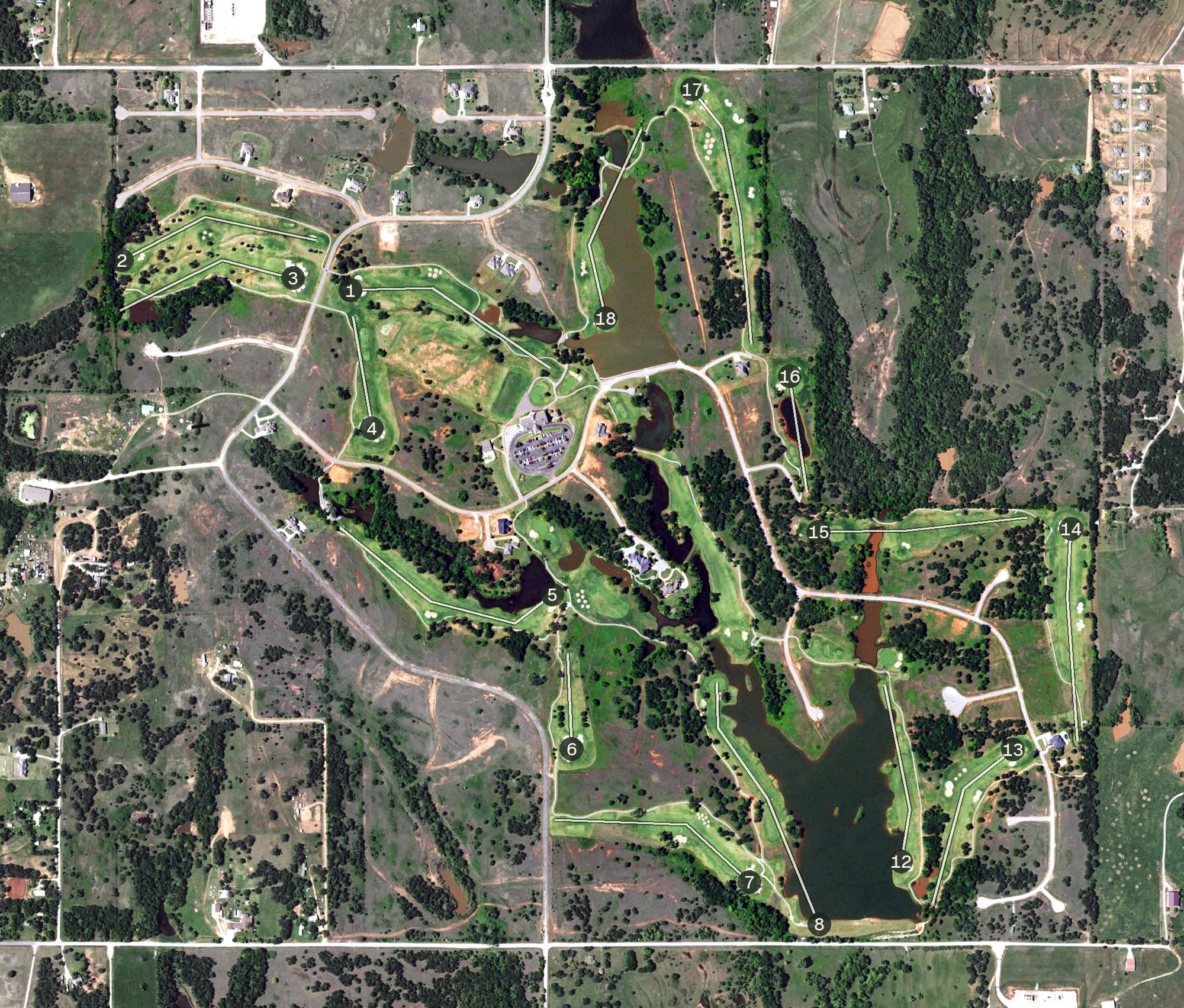 Aerial view of Winter Creek Golf Course, OK, with its hole routing marked