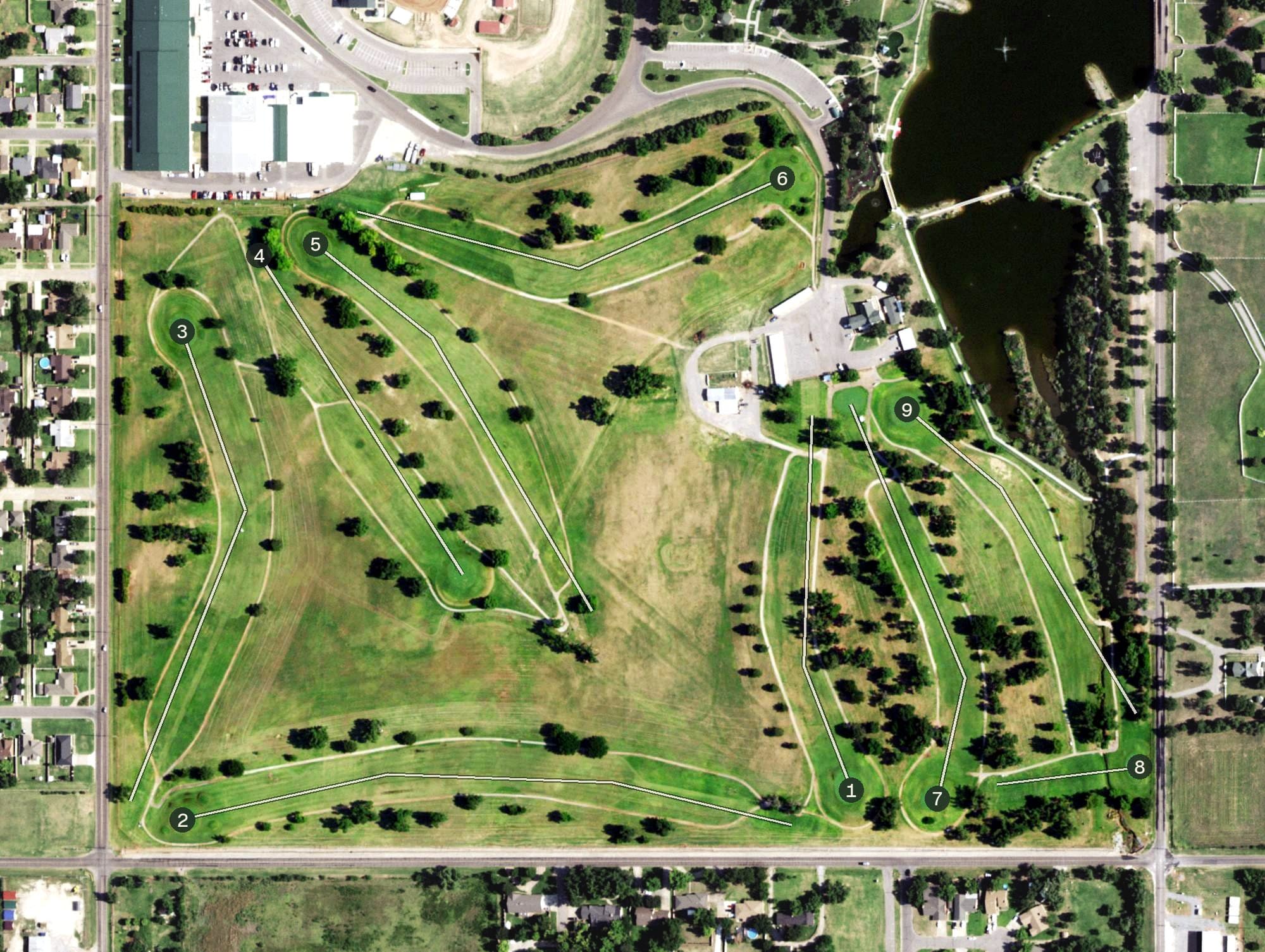 Aerial view of Woodward Municipal Golf Course, OK, with its hole routing marked