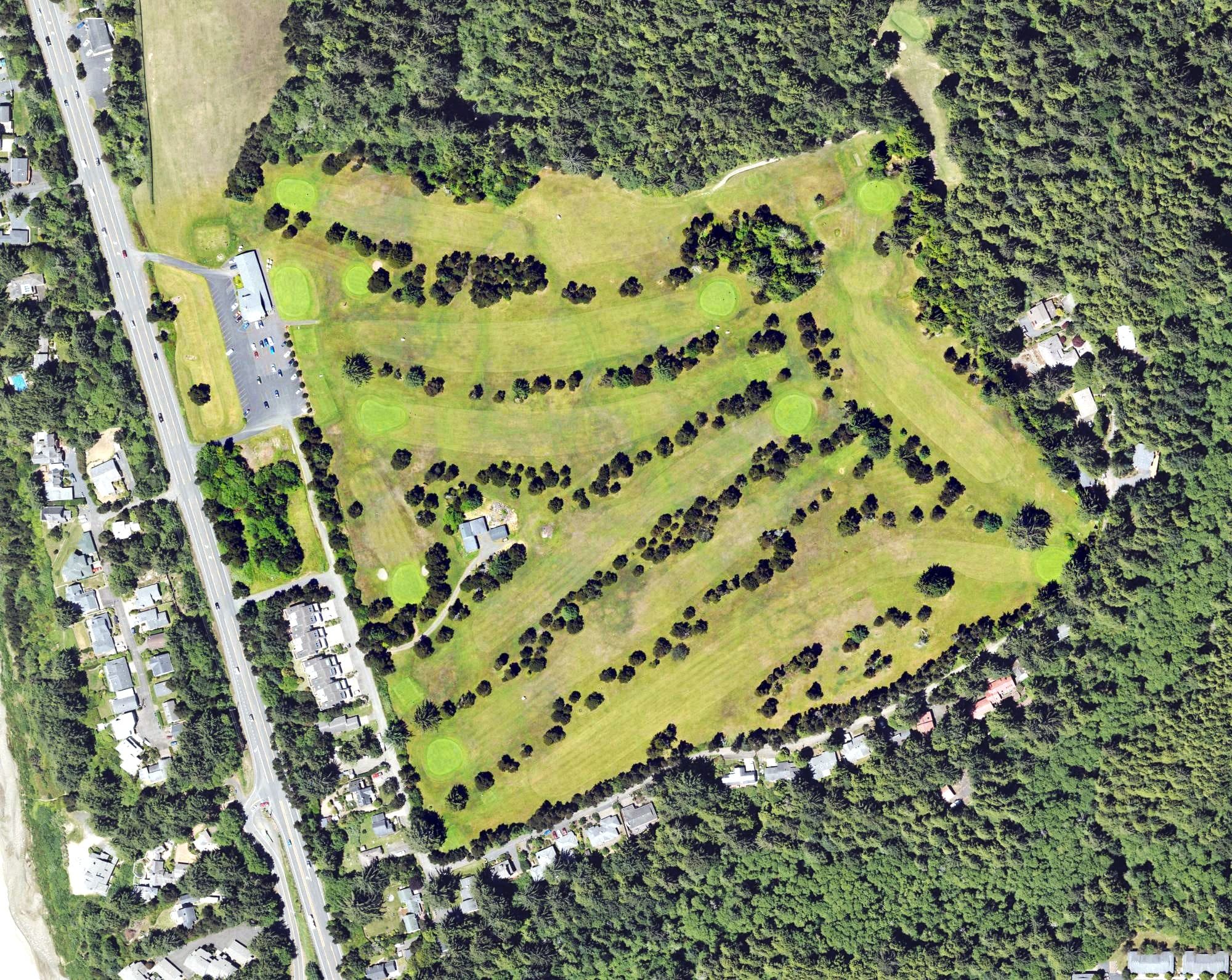 Aerial view of Agate Beach Golf Course, OR, with its hole routing marked