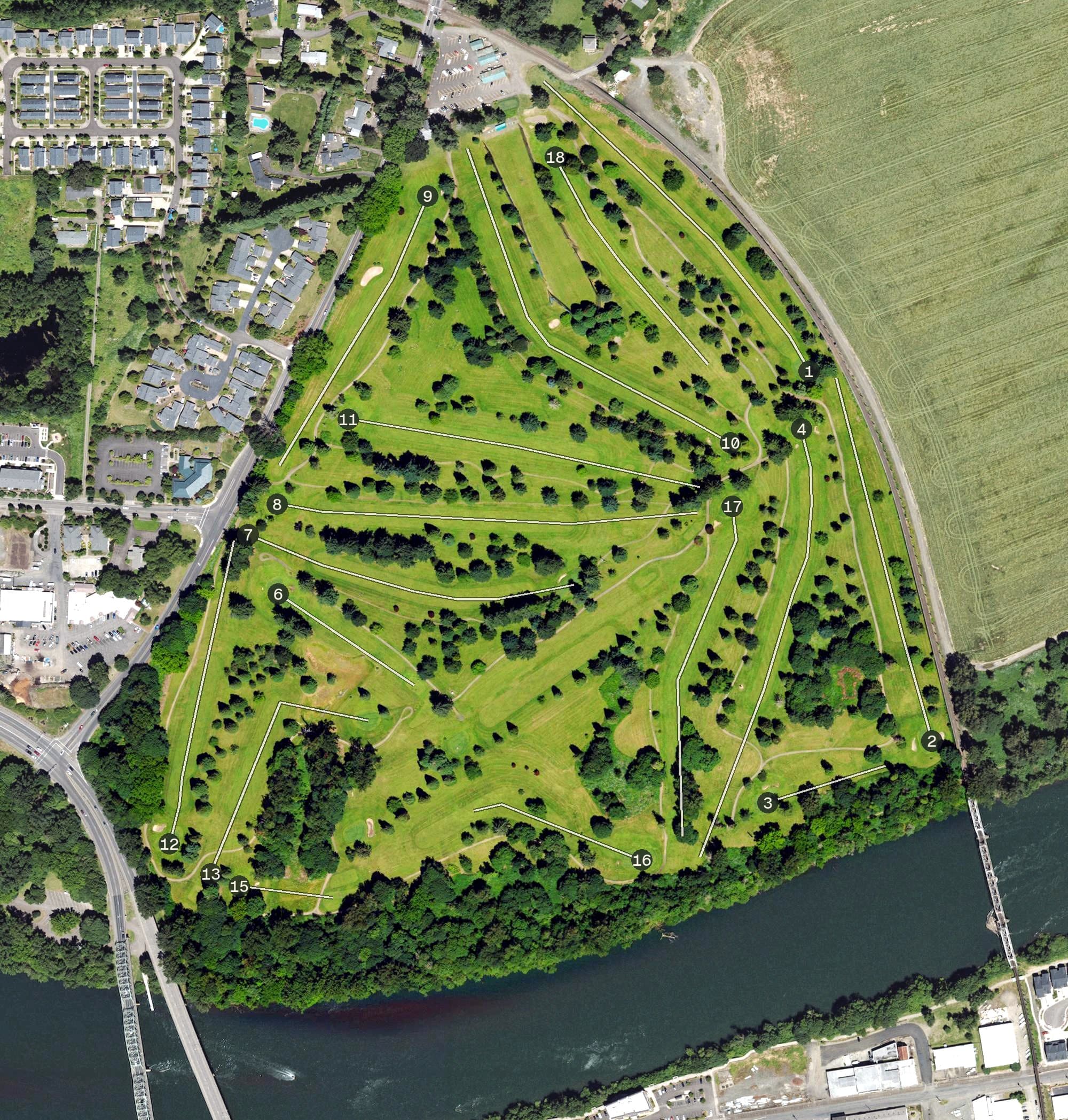 Aerial view of Albany Golf Course, OR, with its hole routing marked