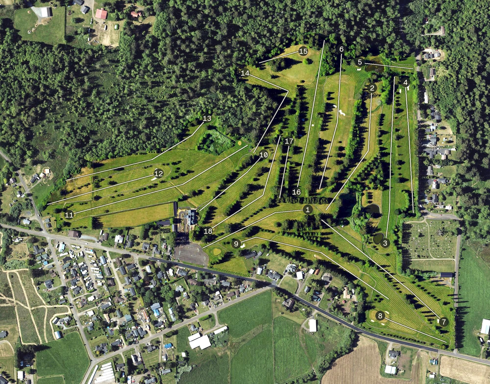 Aerial view of Alderbrook Golf Course, OR, with its hole routing marked