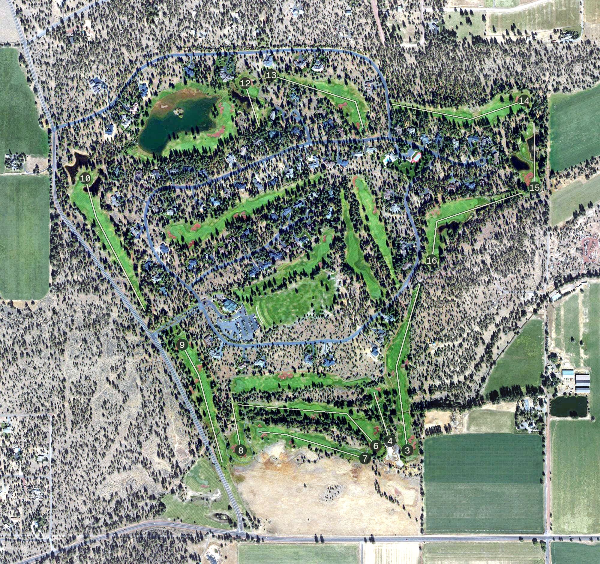 Aerial view of Aspen Lakes Golf Course, OR, with its hole routing marked