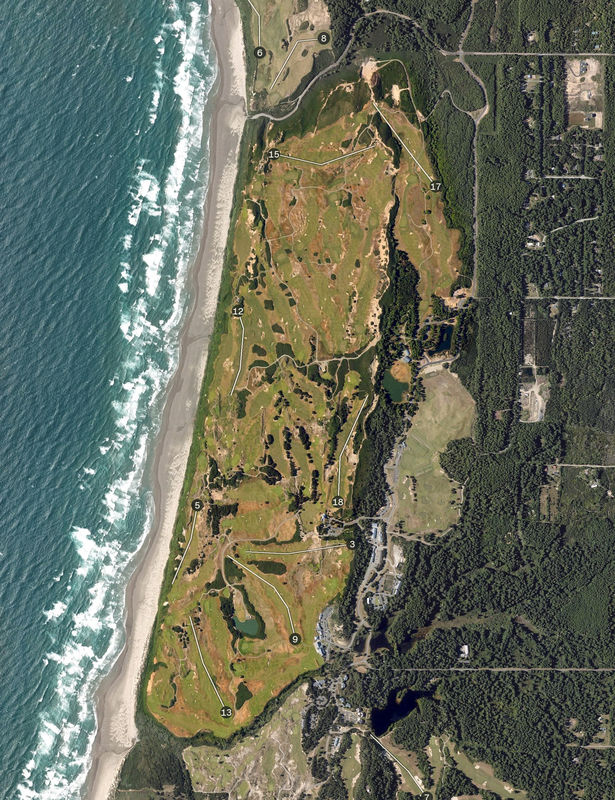 Aerial view of Bandon Dunes Golf Resort, OR, with its hole routing marked