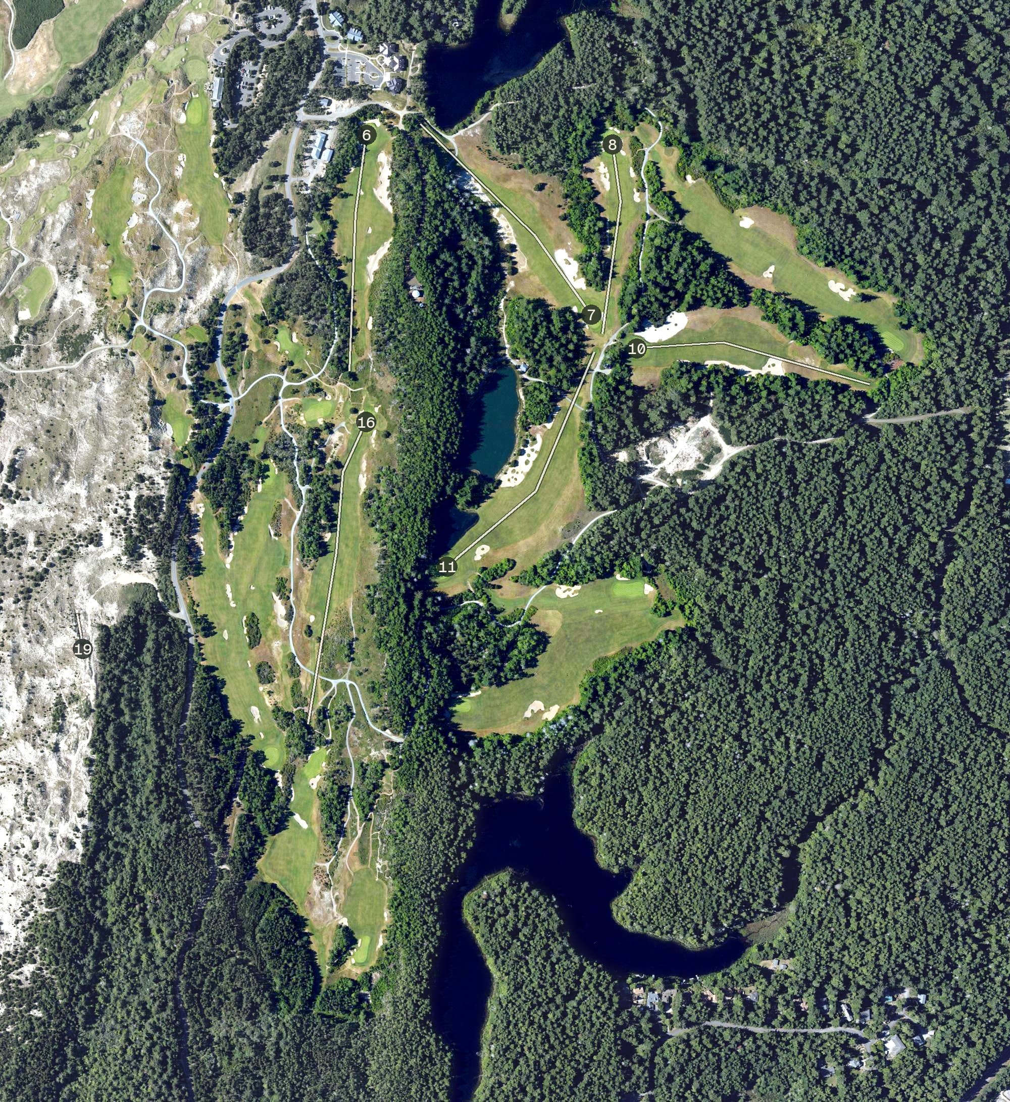 Aerial view of Bandon Trails, OR, with its hole routing marked