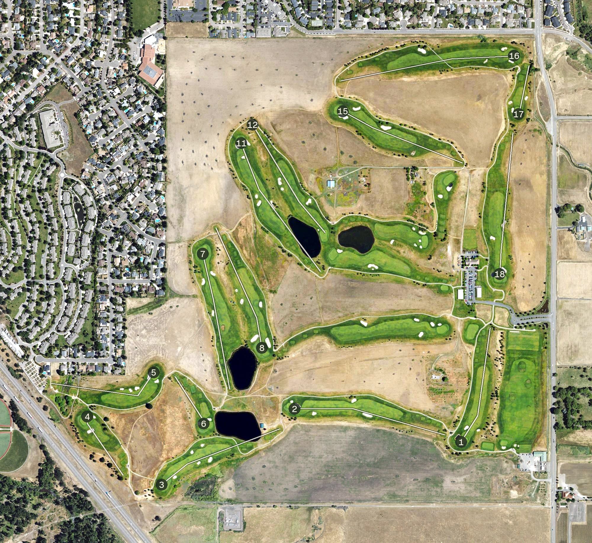 Aerial view of Centennial Golf Club, OR, with its hole routing marked