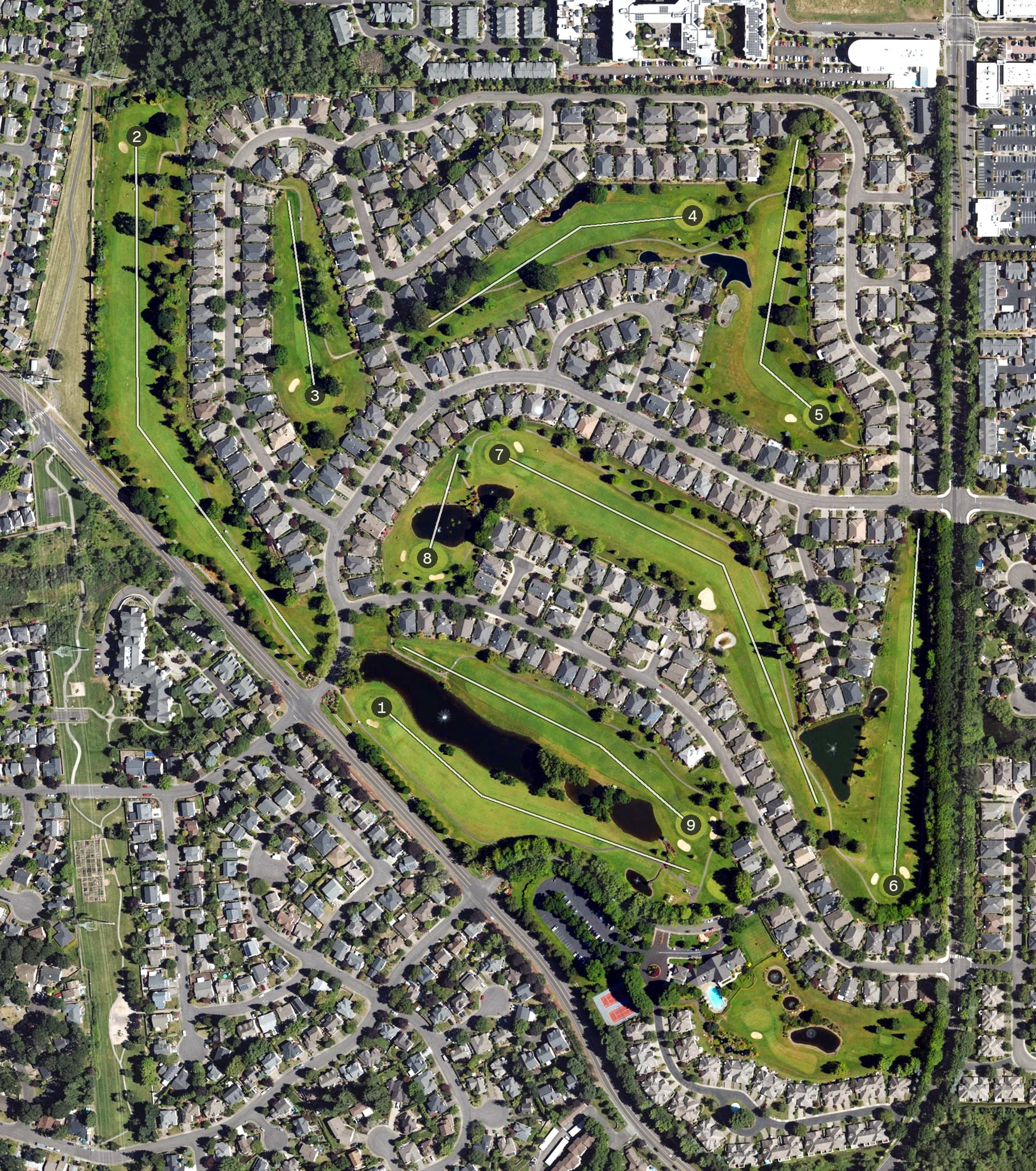 Aerial view of Claremont Golf Club, OR, with its hole routing marked