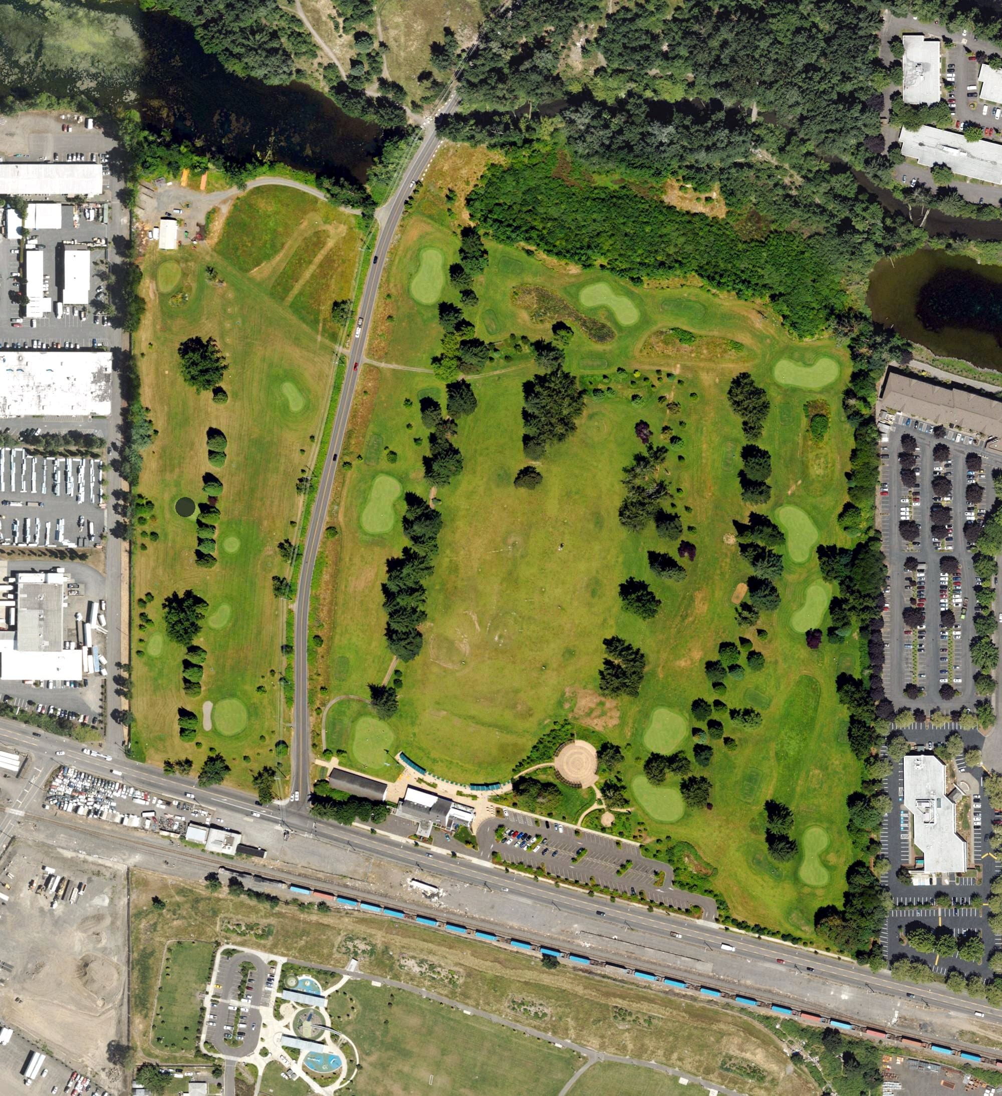 Aerial view of Colwood Golf Center, OR, with its hole routing marked