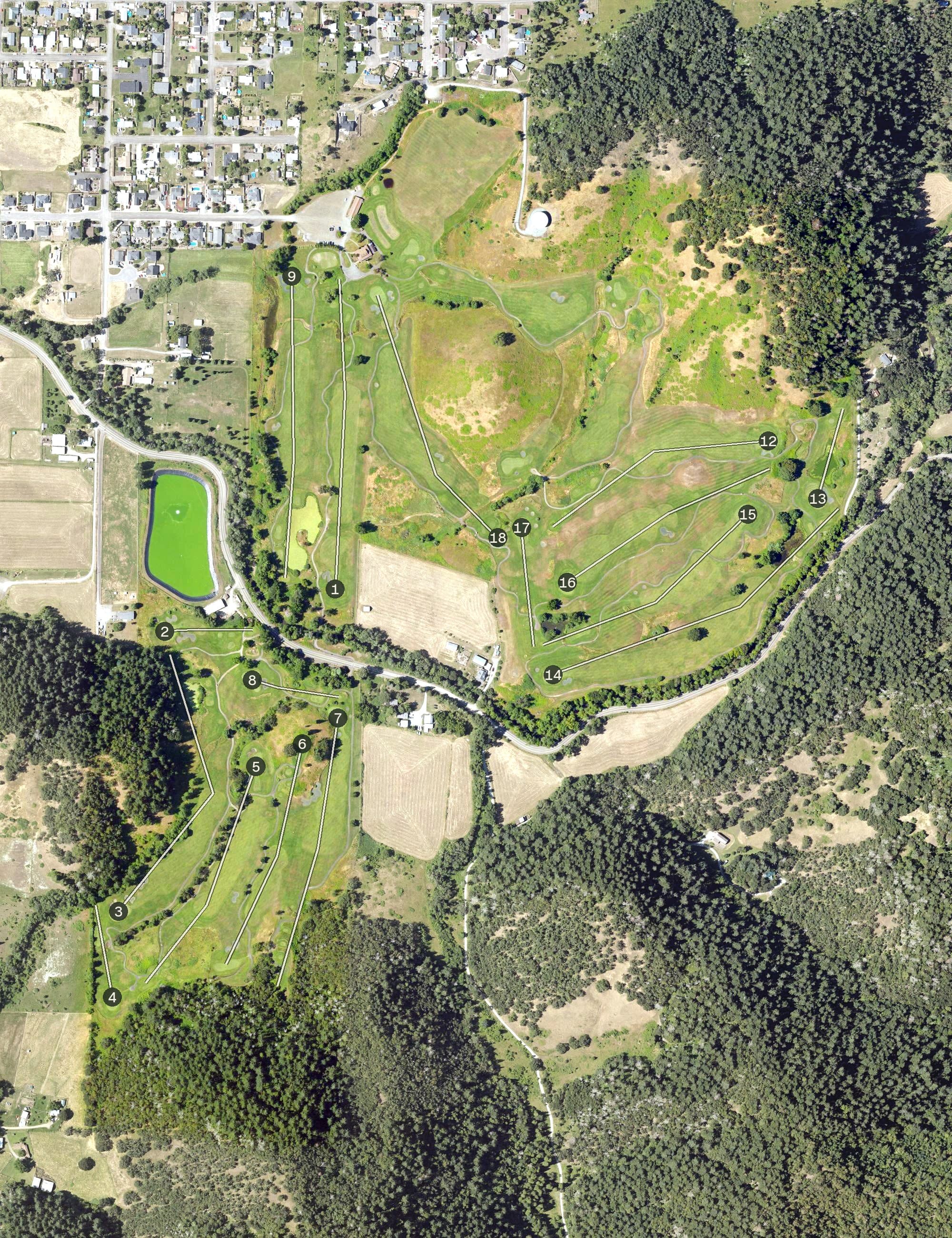Aerial view of Cougar Canyon Golf Course, OR, with its hole routing marked
