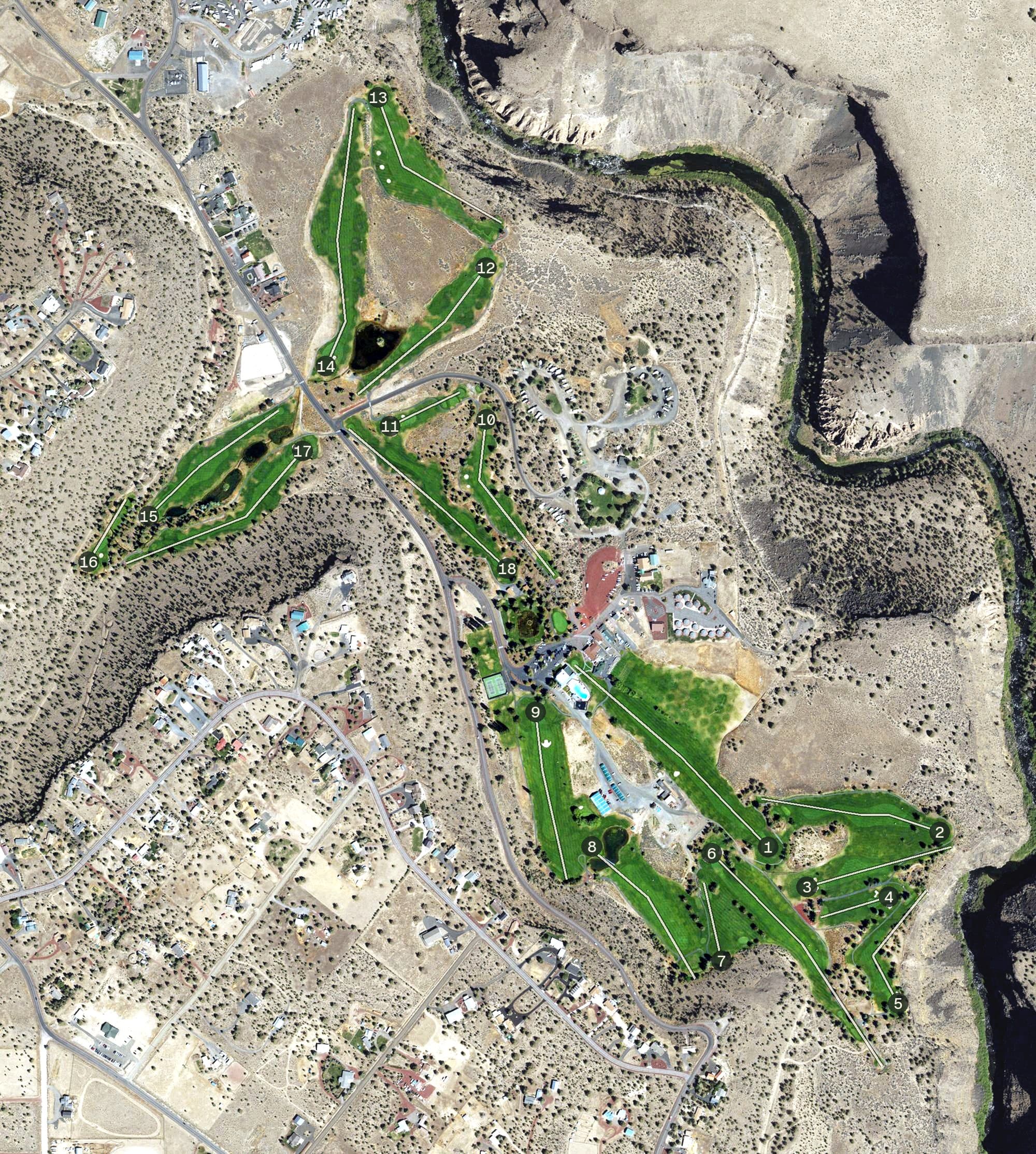 Aerial view of Crooked River Ranch Golf Course, OR, with its hole routing marked