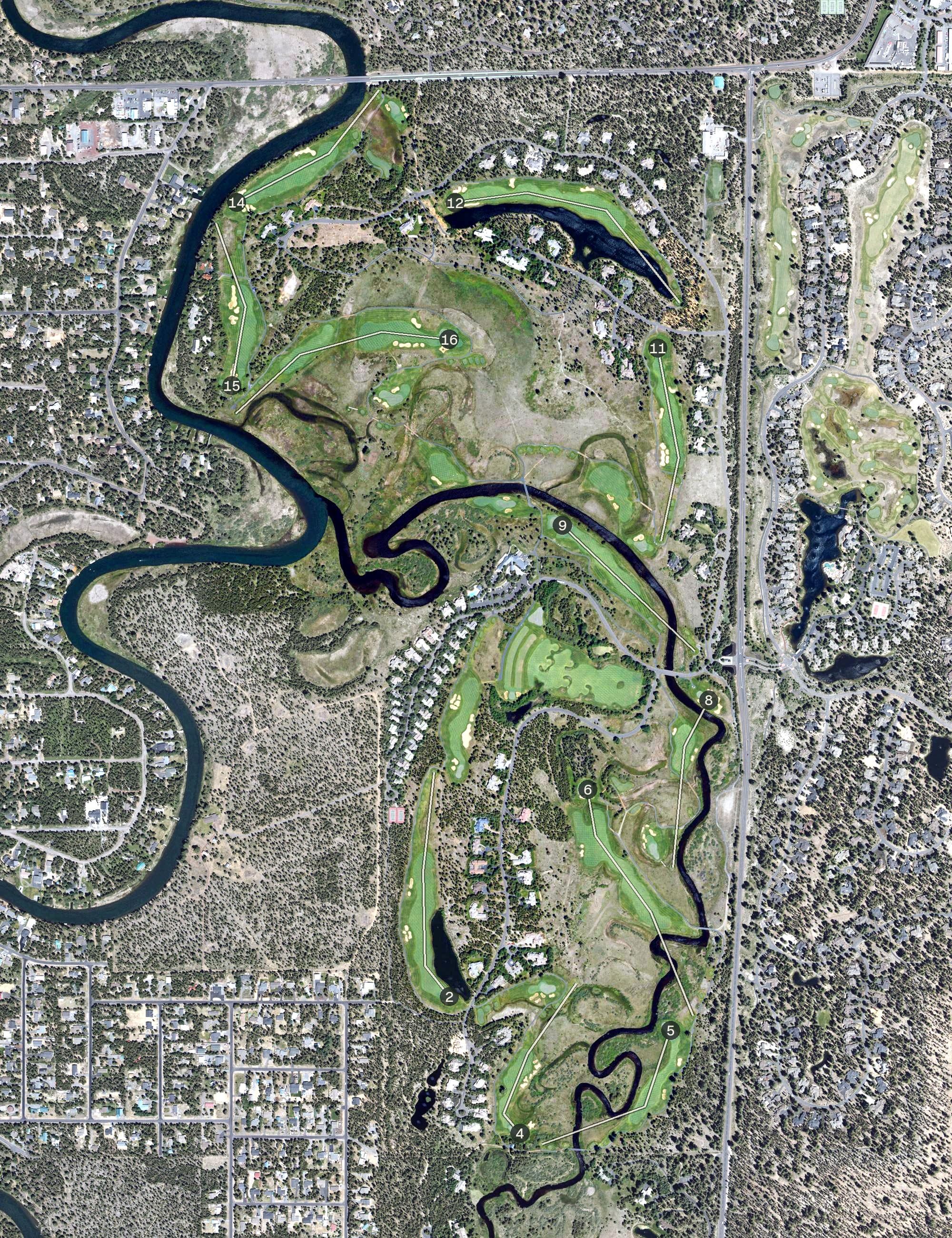 Aerial view of Crosswater Golf Course, OR, with its hole routing marked