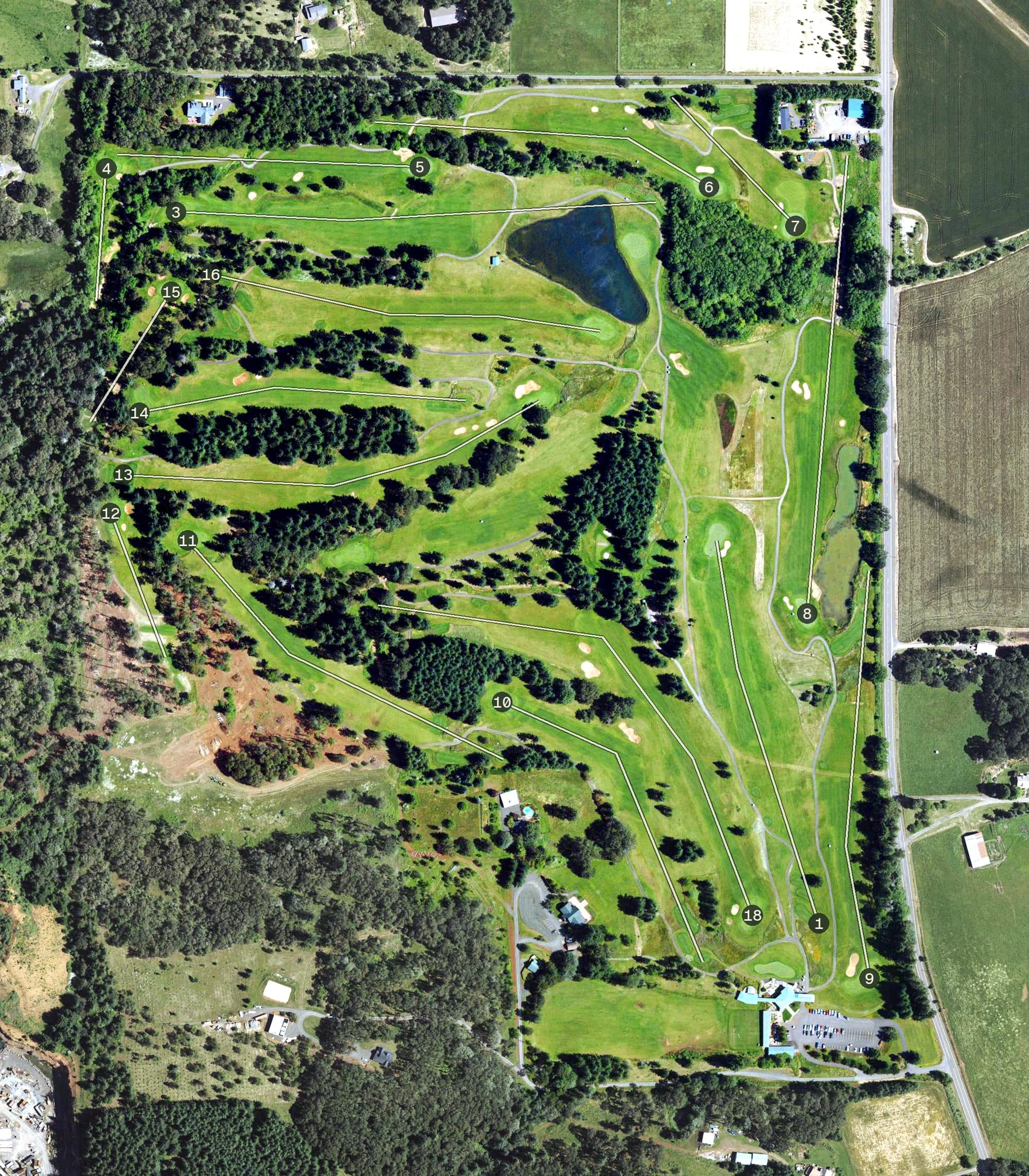 Aerial view of Diamond Woods Golf Course, OR, with its hole routing marked