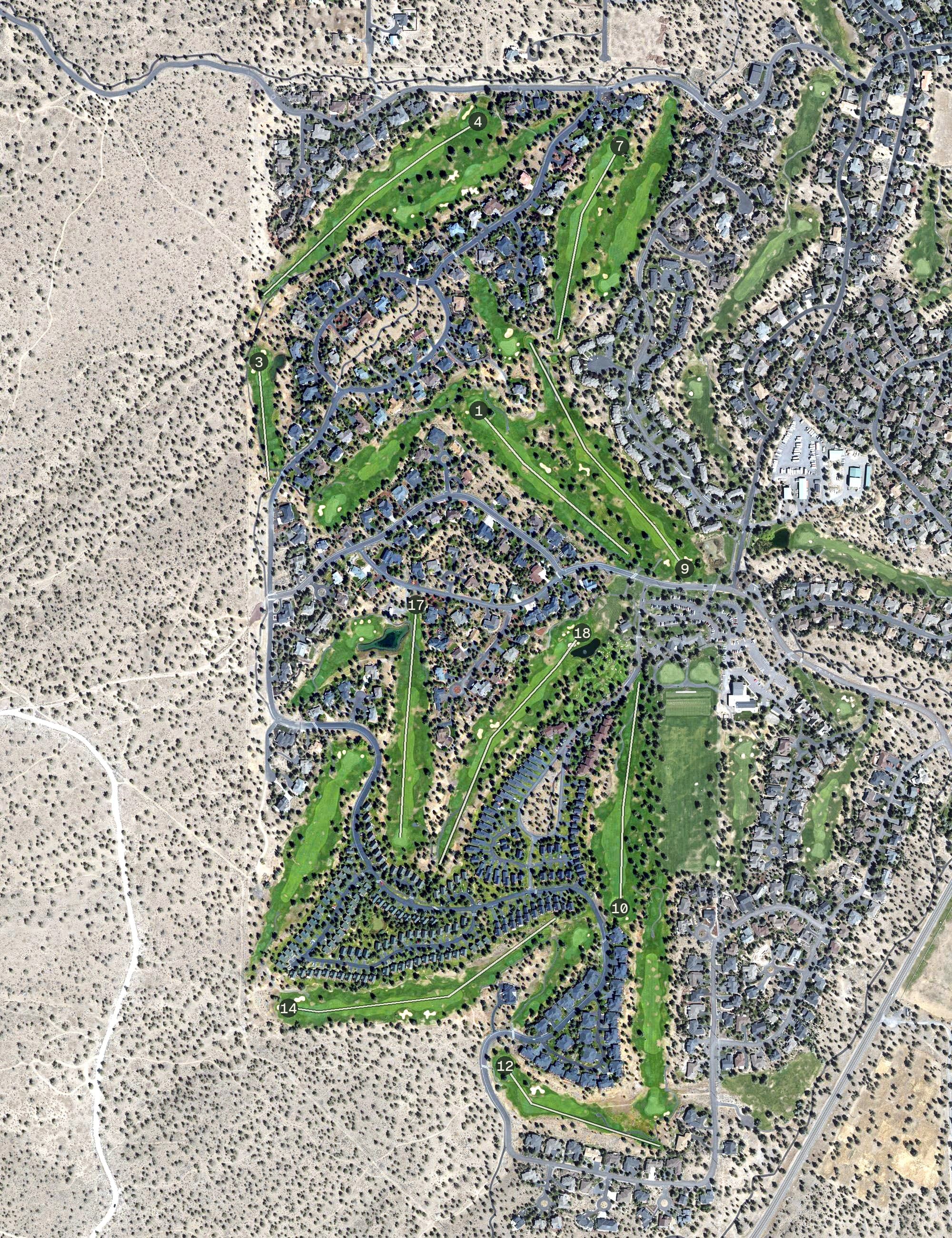 Aerial view of Eagle Crest Ridge Course, OR, with its hole routing marked