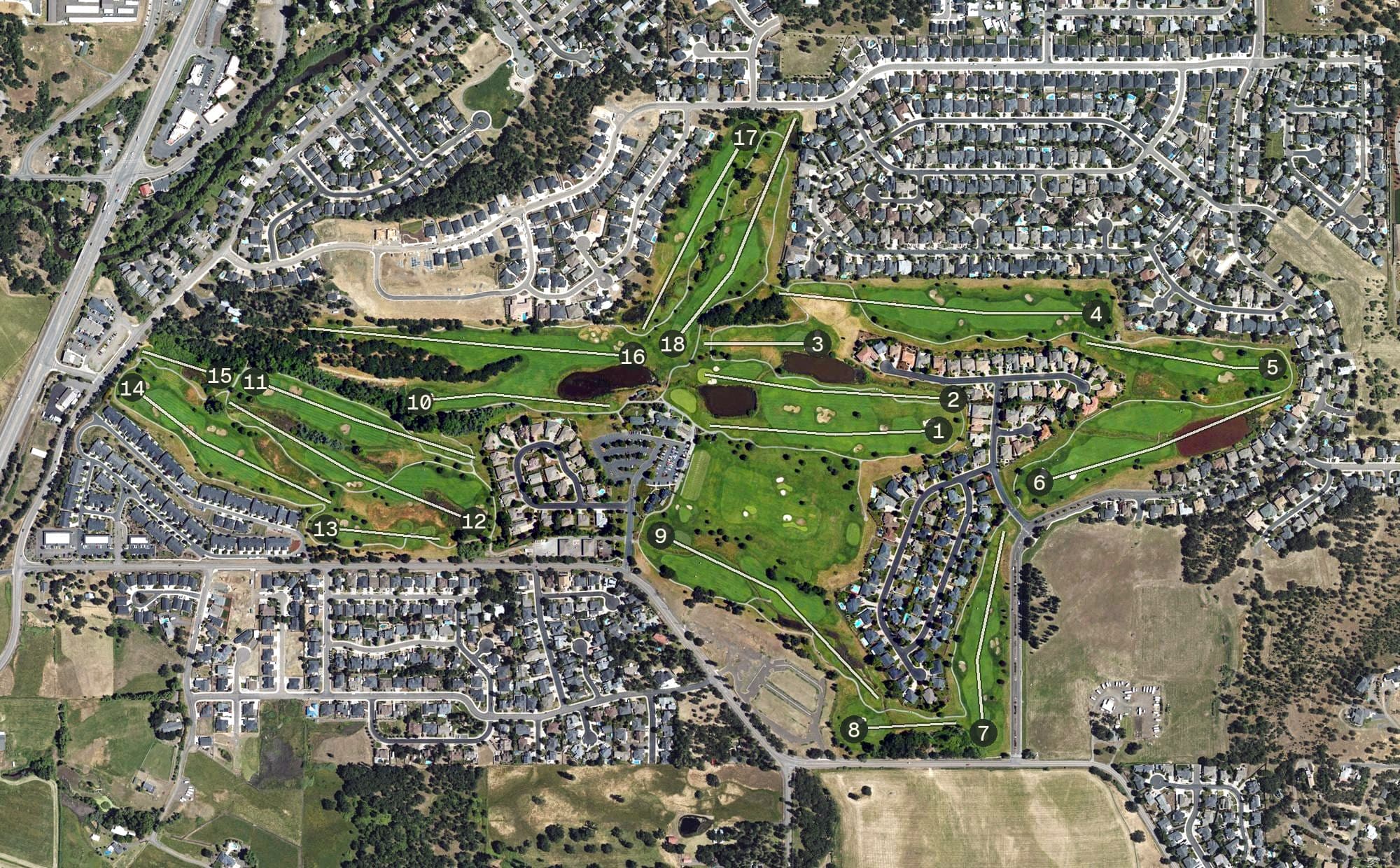 Aerial view of Eagle Point Golf Club, OR, with its hole routing marked