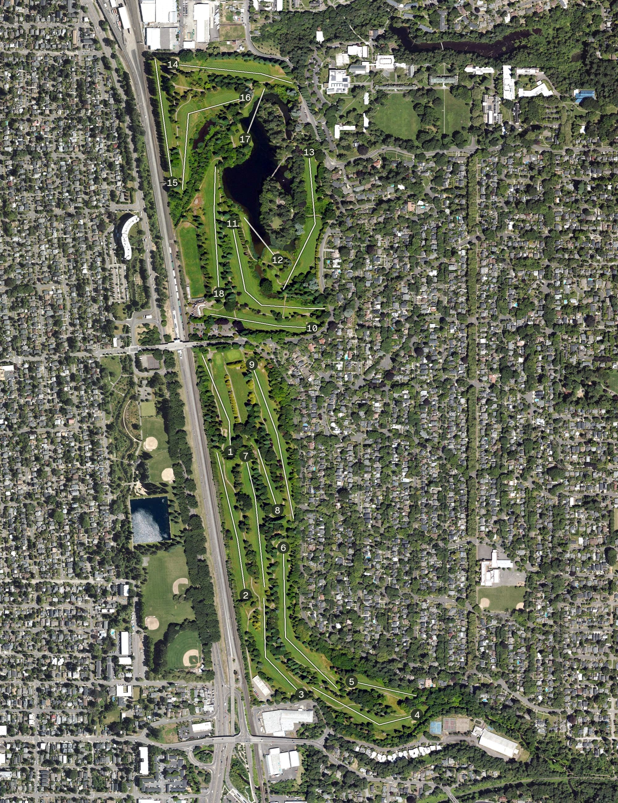 Aerial view of Eastmoreland Golf Course, OR, with its hole routing marked