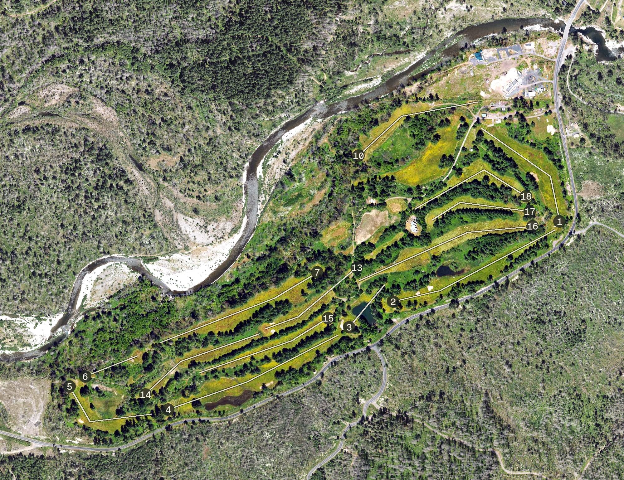 Aerial view of Elkhorn Valley Golf Course, OR, with its hole routing marked