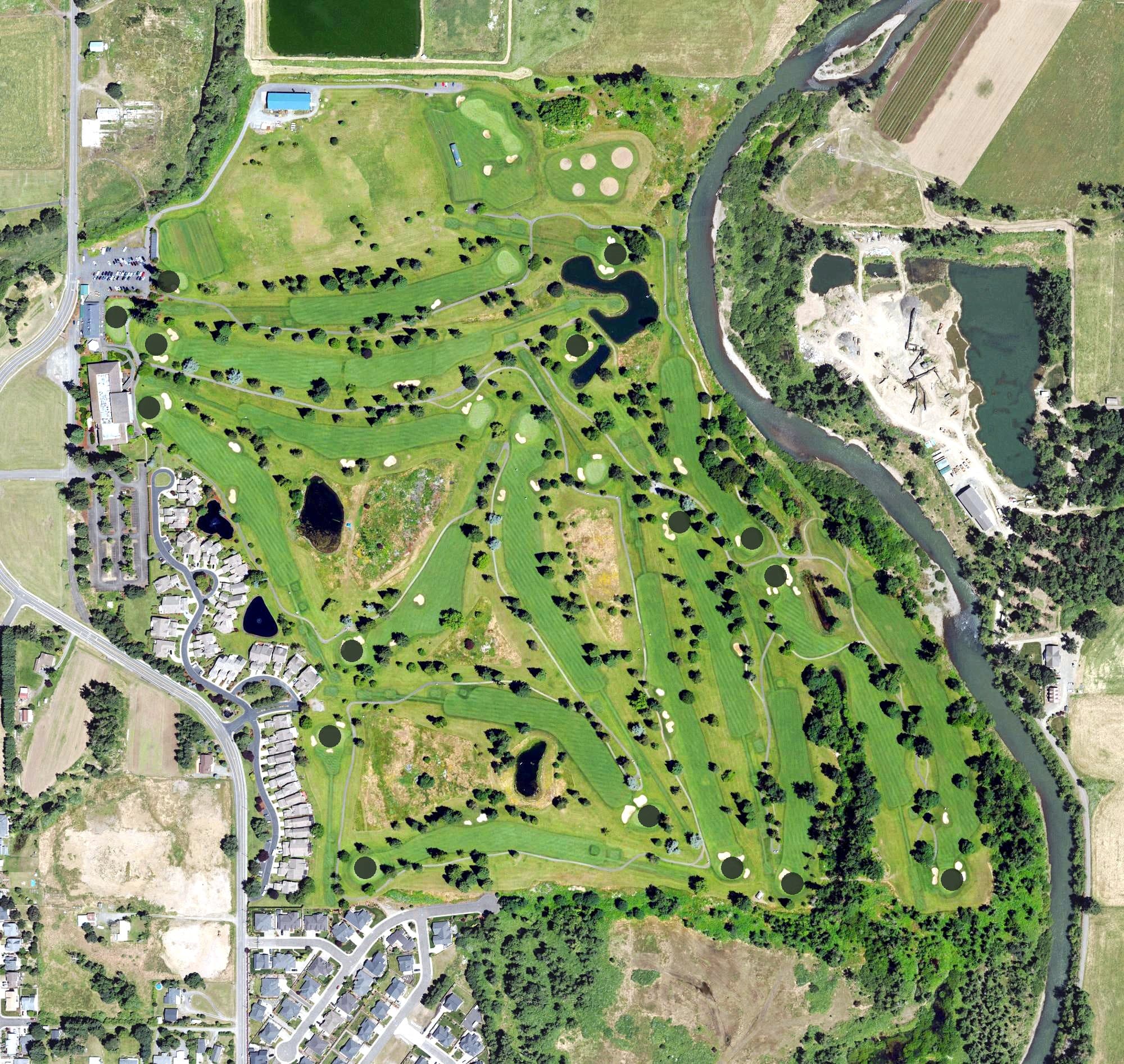 Aerial view of Emerald Valley Golf Course, OR, with its hole routing marked