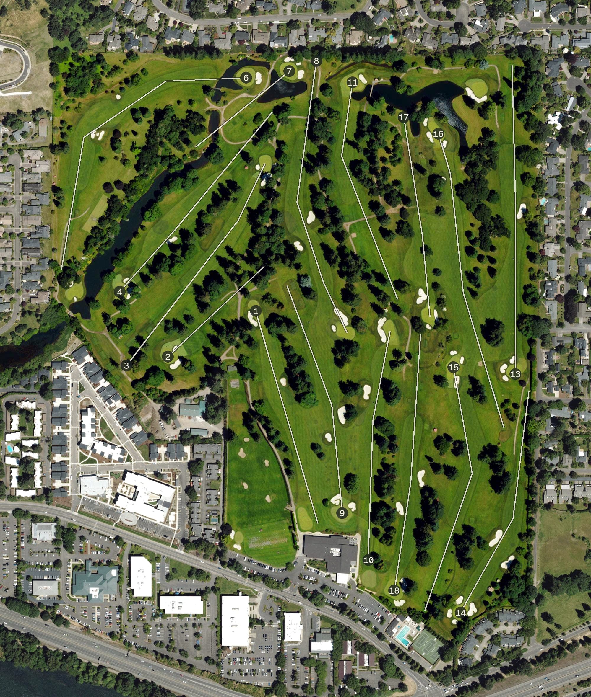 Aerial view of Eugene Country Club, OR, with its hole routing marked
