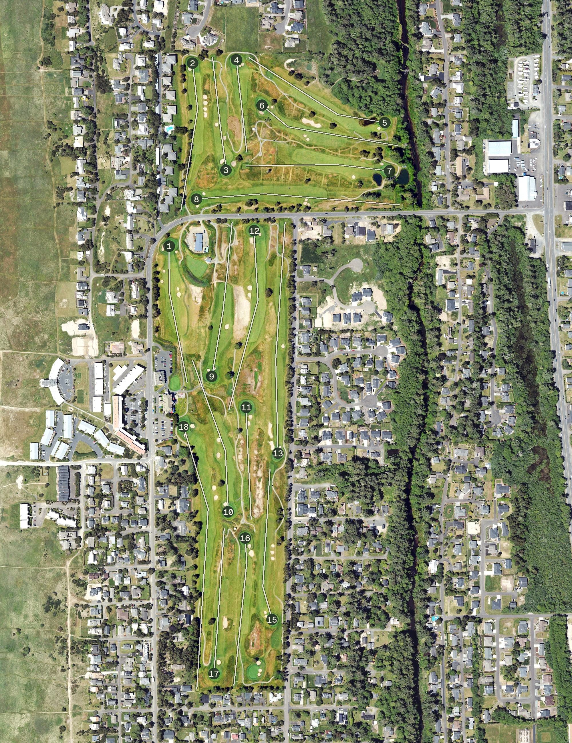 Aerial view of Gearhart Golf Links, OR, with its hole routing marked