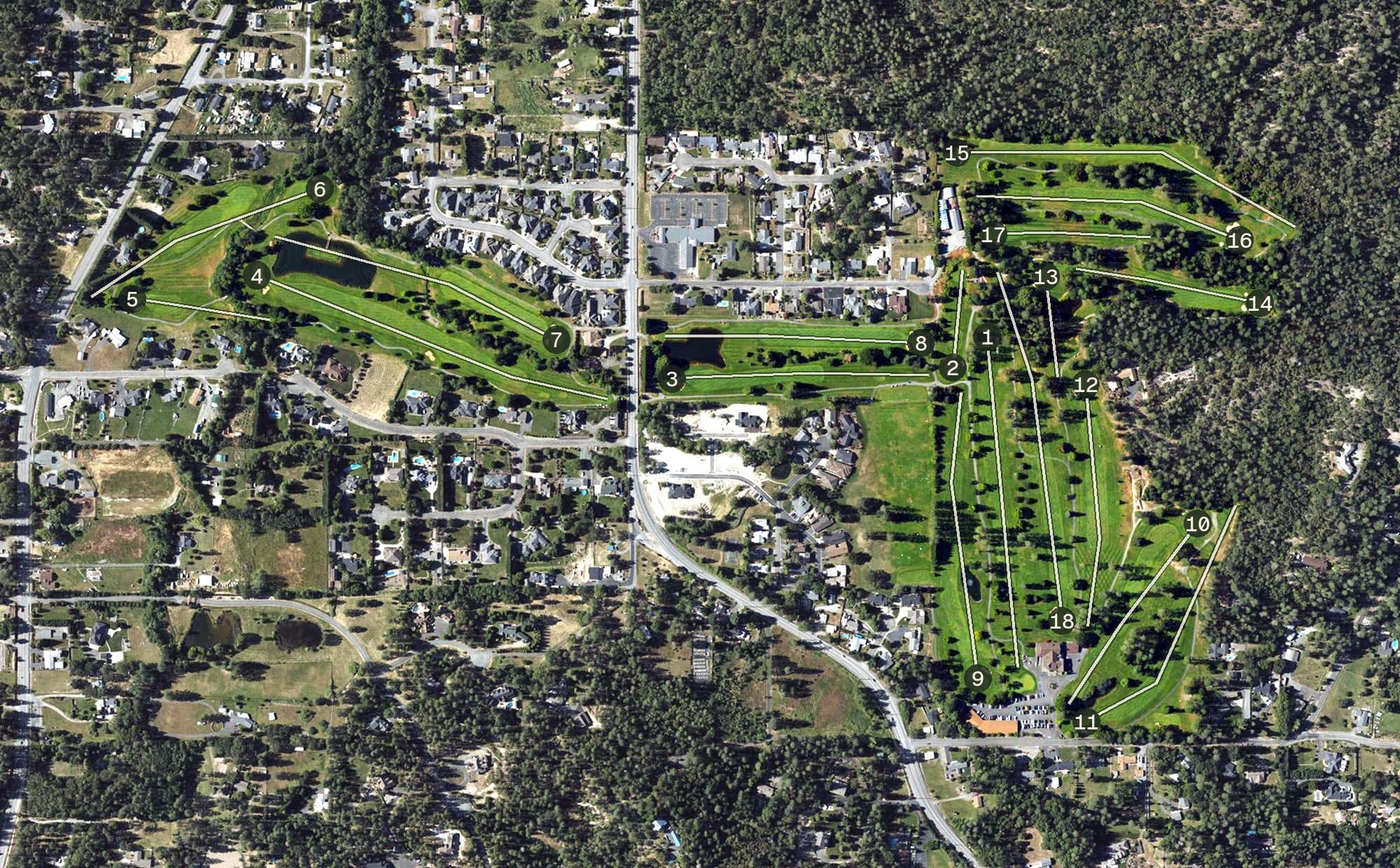 Aerial view of Grants Pass Golf Club, OR, with its hole routing marked