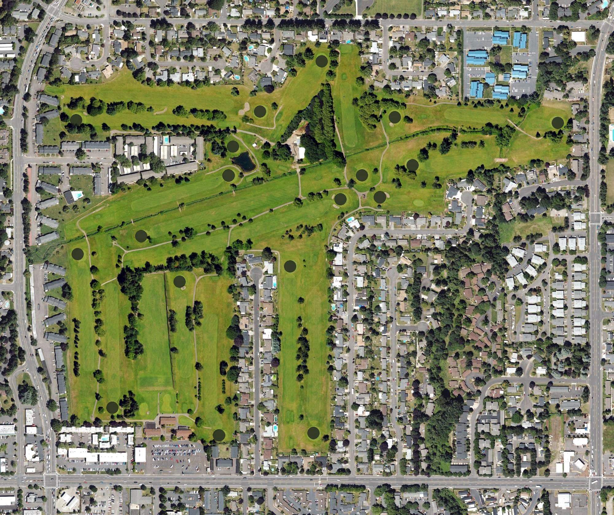 Aerial view of Gresham Golf and Country Club, OR, with its hole routing marked