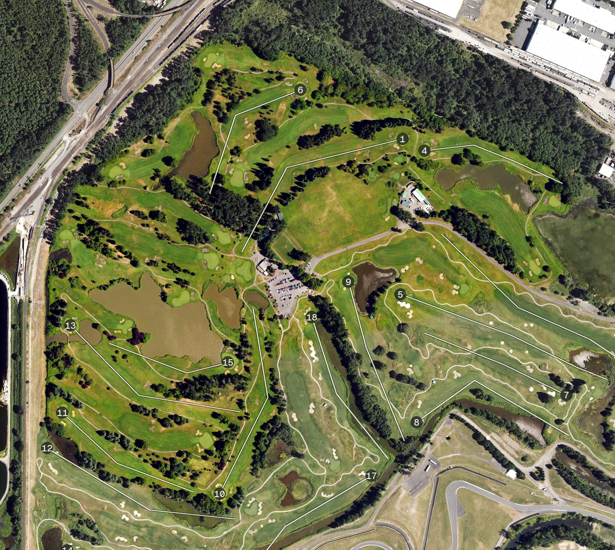 Aerial view of Heron Lakes Greenback, OR, with its hole routing marked