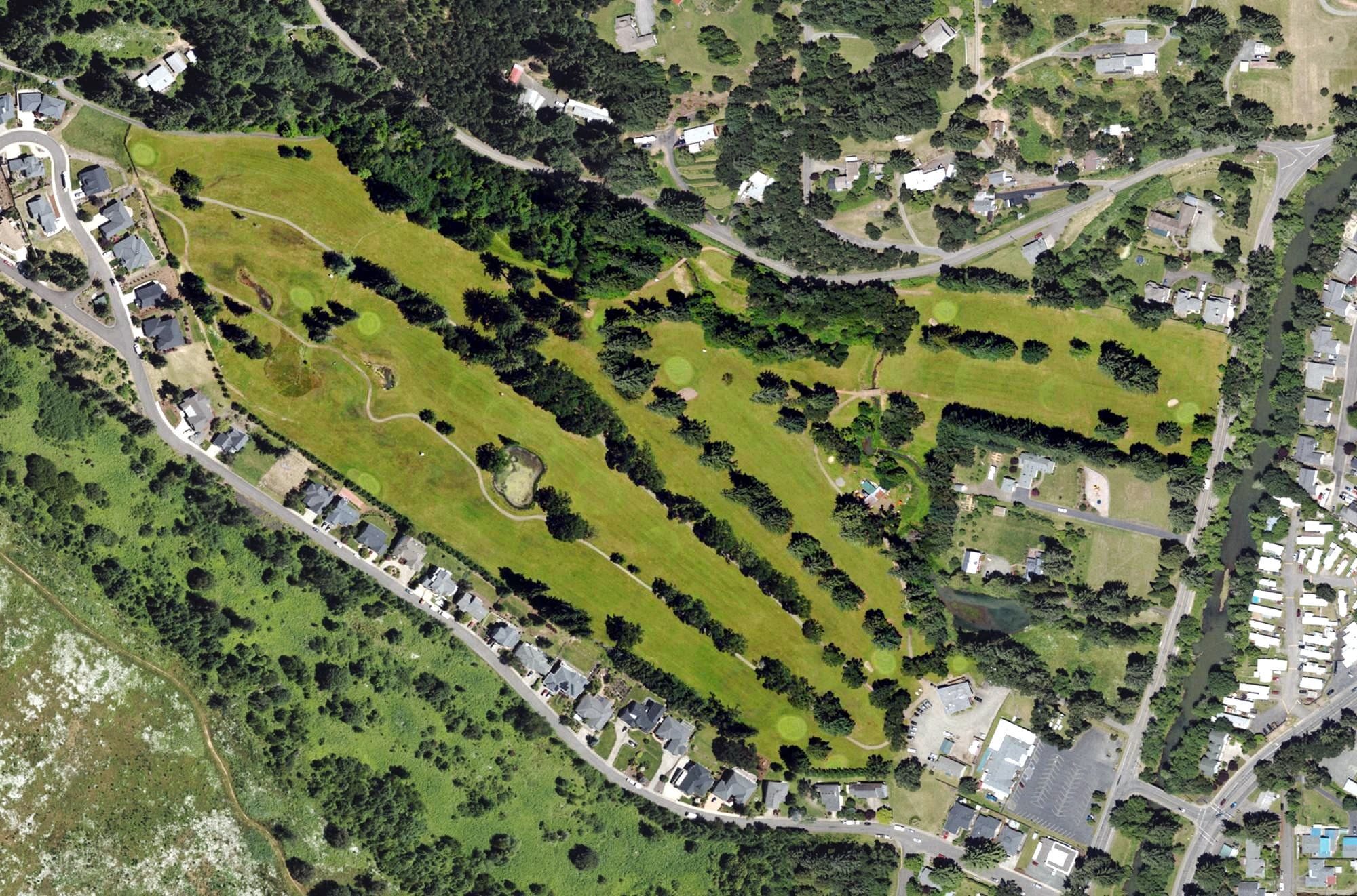 Aerial view of Hidden Valley Golf Course, OR, with its hole routing marked