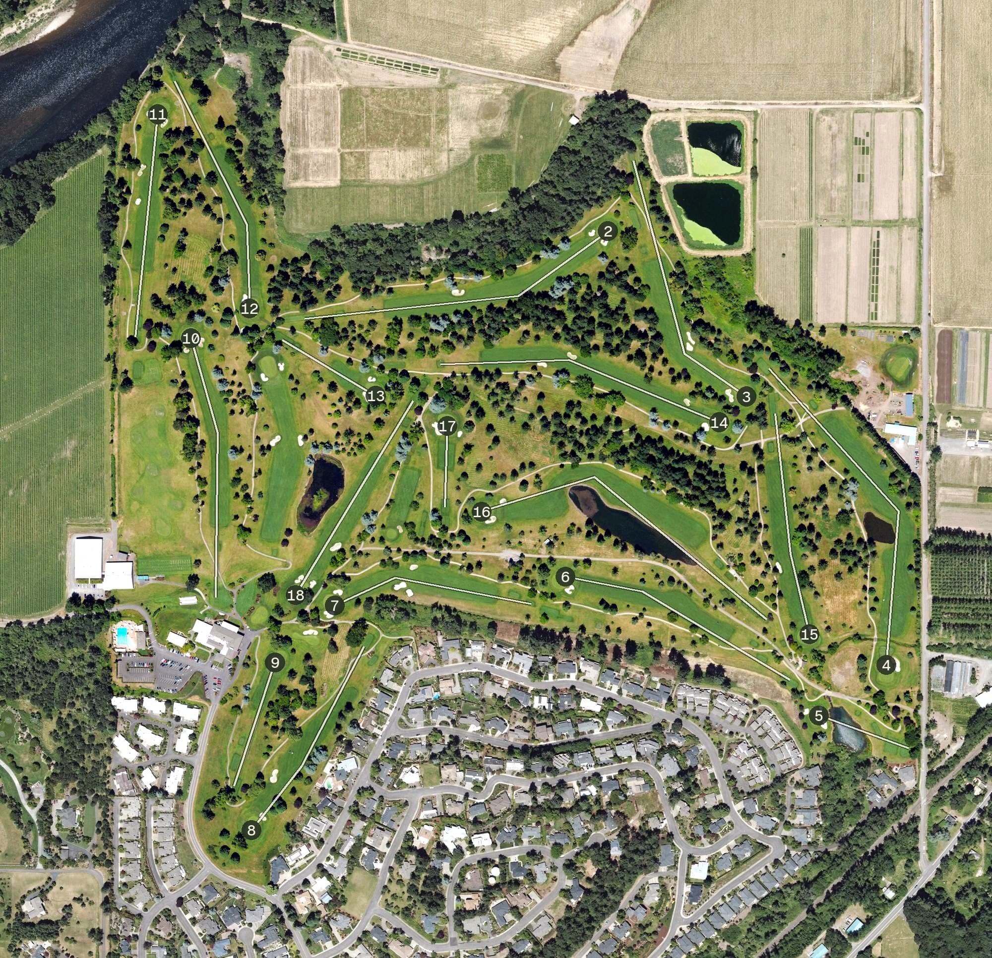 Aerial view of Illahe Hills Country Club, OR, with its hole routing marked