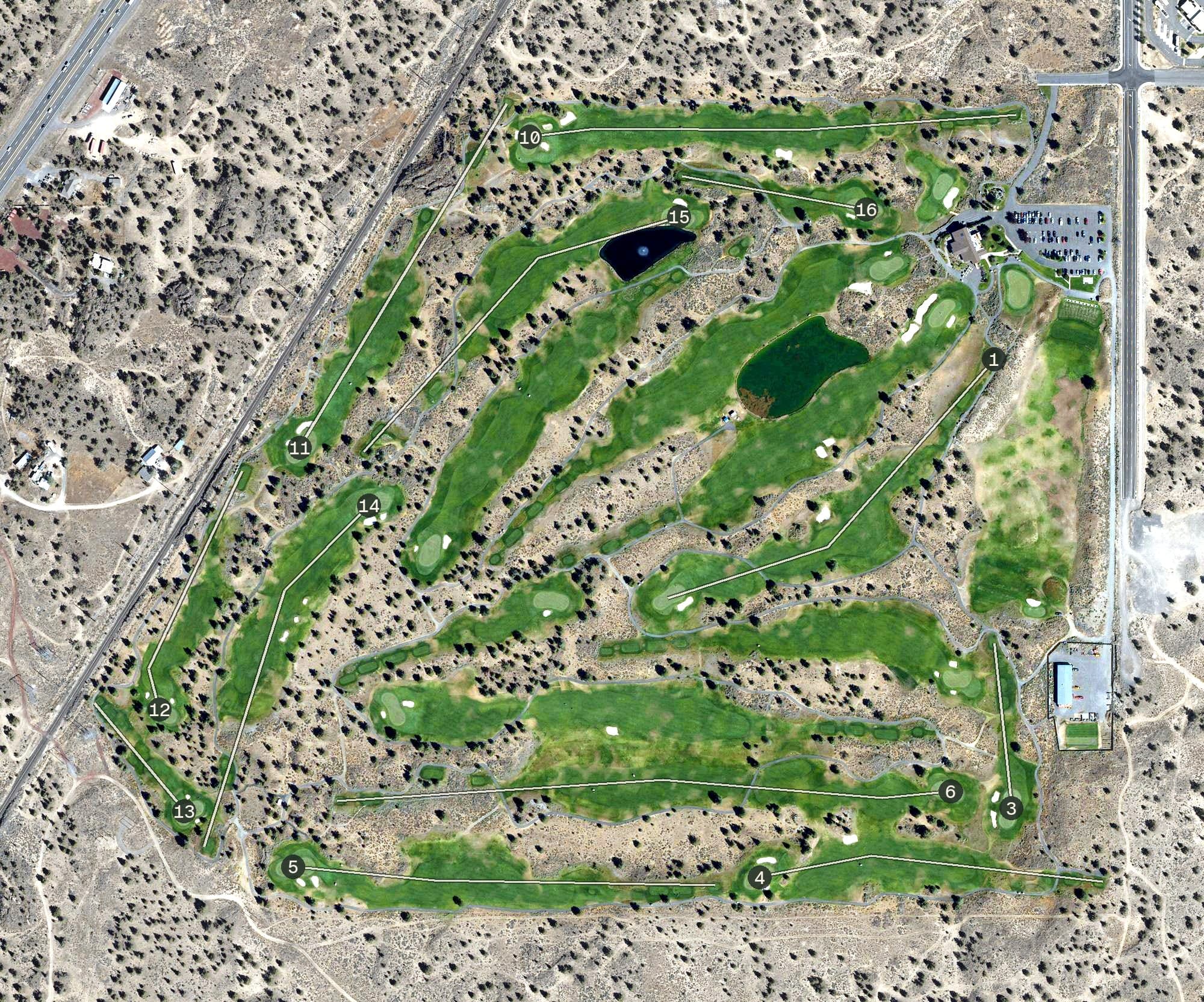 Aerial view of Juniper Golf Course, OR, with its hole routing marked