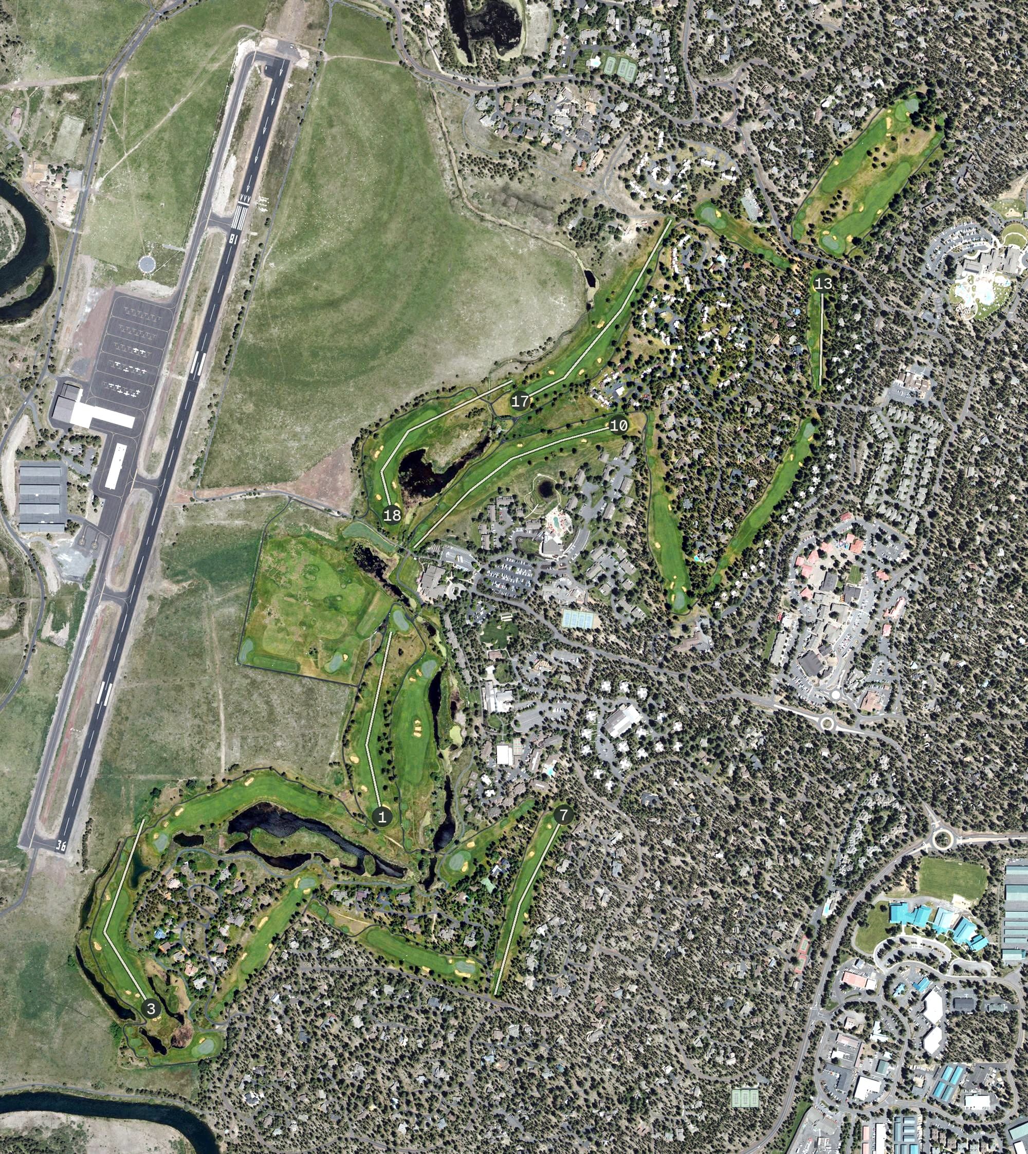 Aerial view of Meadows Golf Course, OR, with its hole routing marked