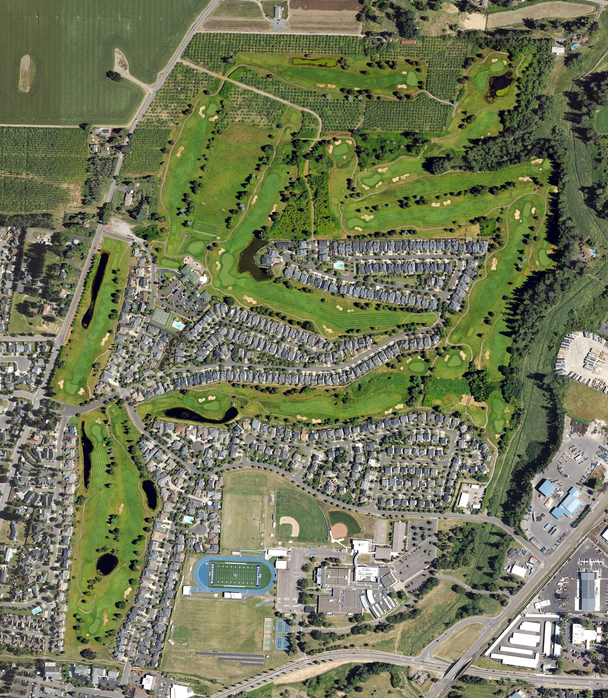 Aerial view of OGA Golf Course, OR, with its hole routing marked