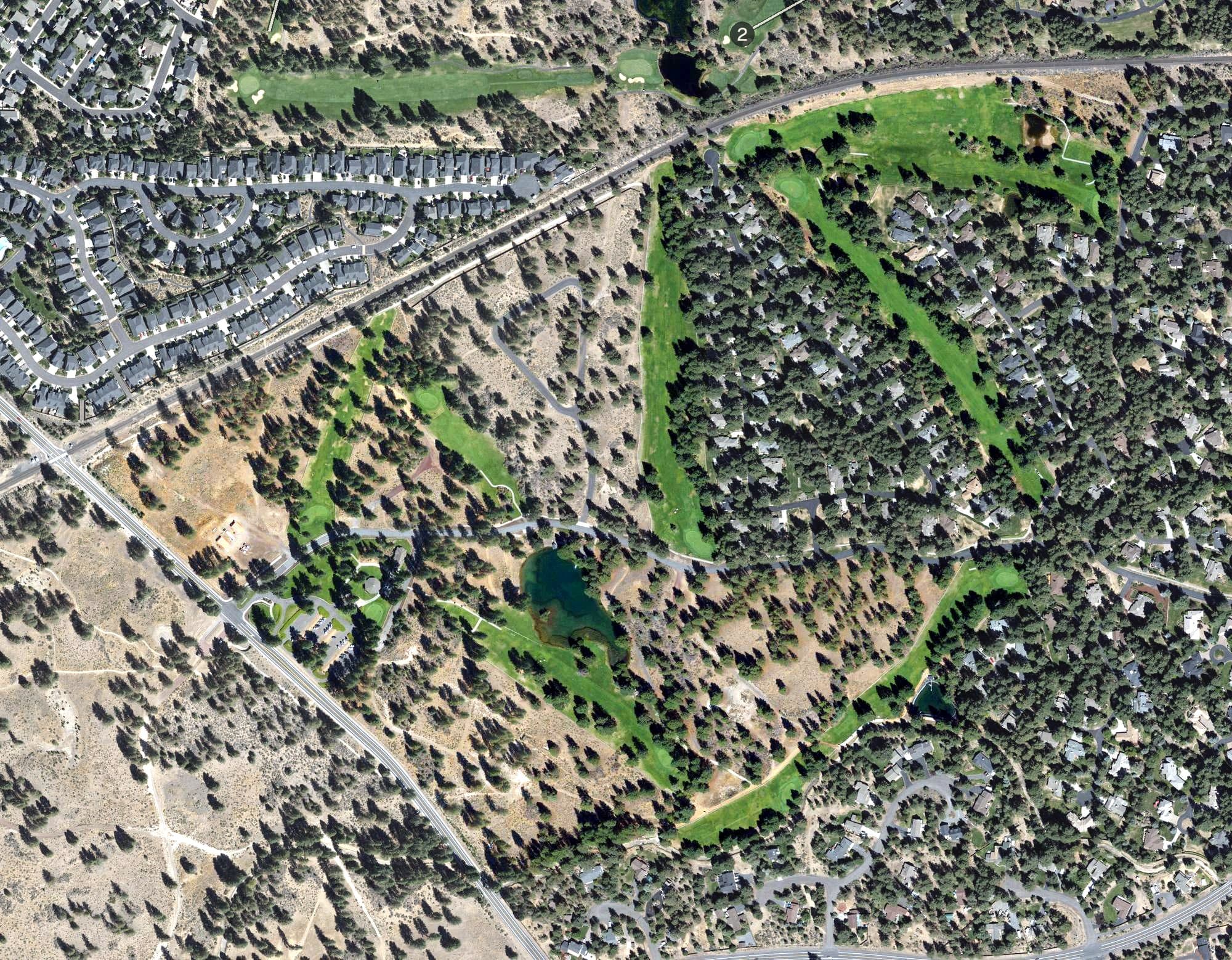 Aerial view of Old Back Nine Golf Club, OR, with its hole routing marked