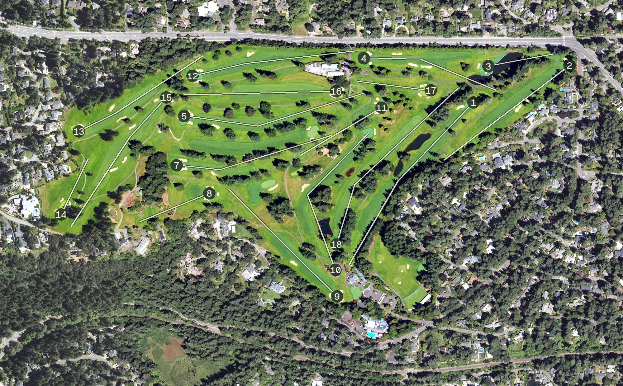Aerial view of Oswego Lake Country Club, OR, with its hole routing marked