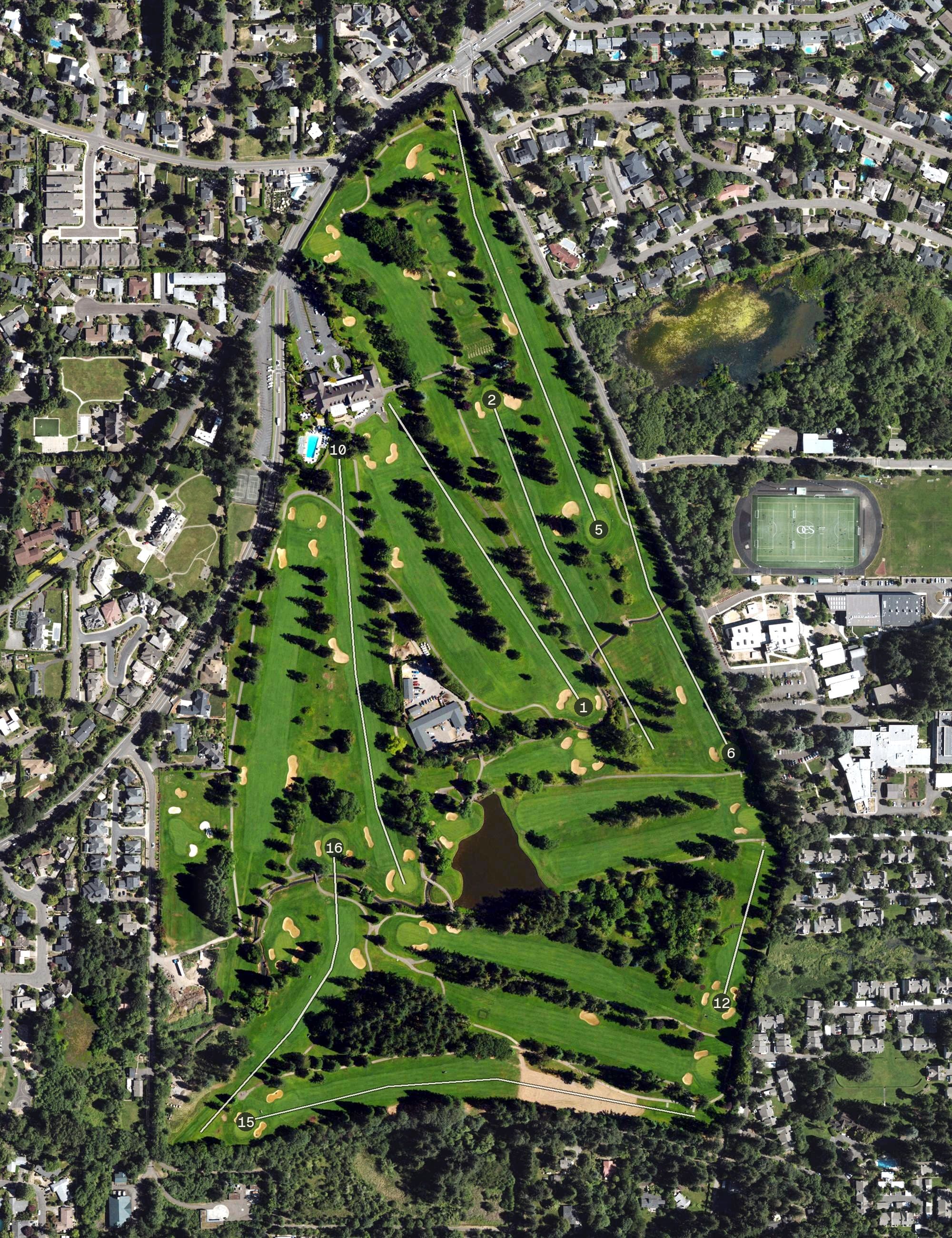 Aerial view of Portland Golf Club, OR, with its hole routing marked