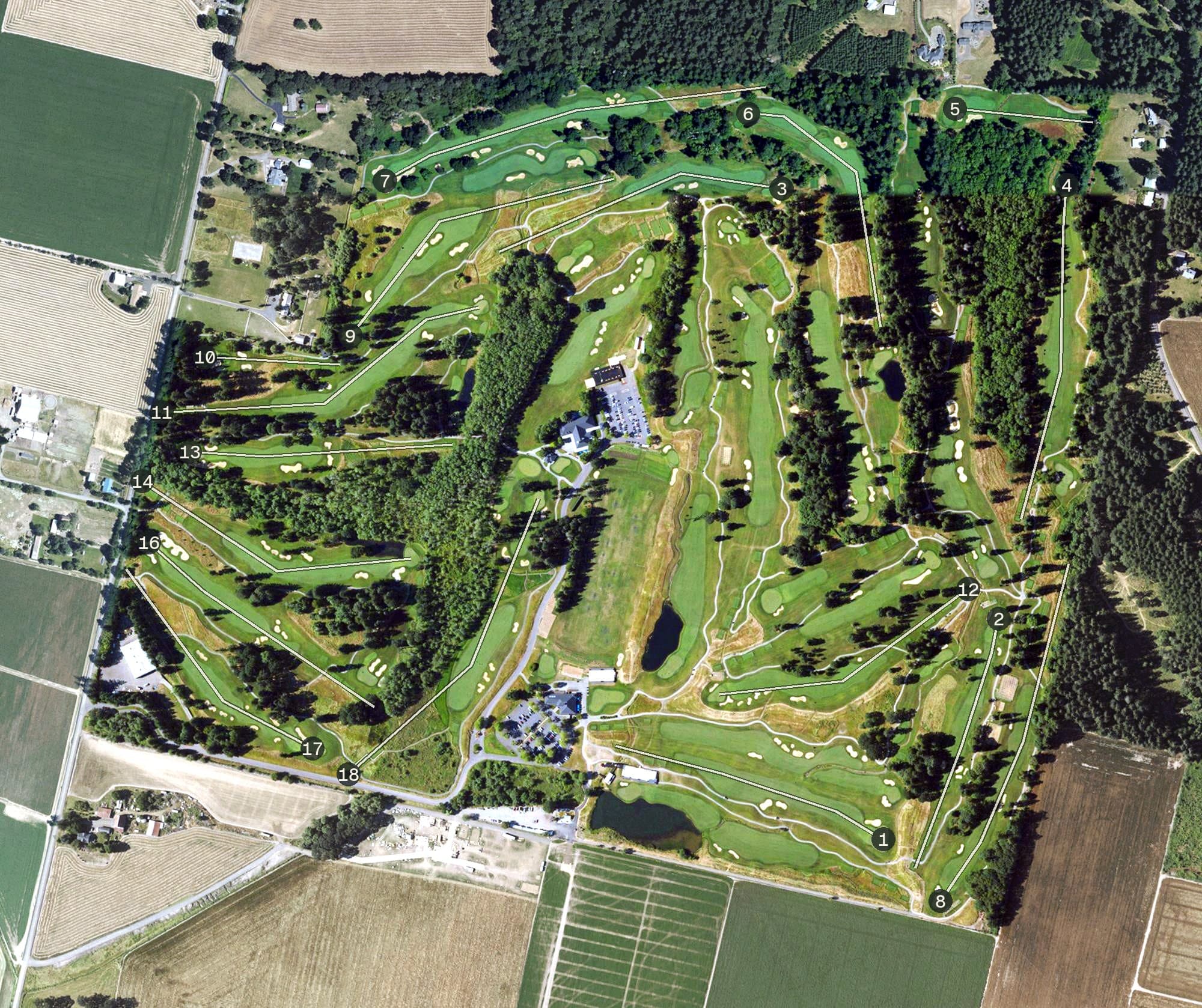Aerial view of Pumpkin Ridge Golf Club, OR, with its hole routing marked