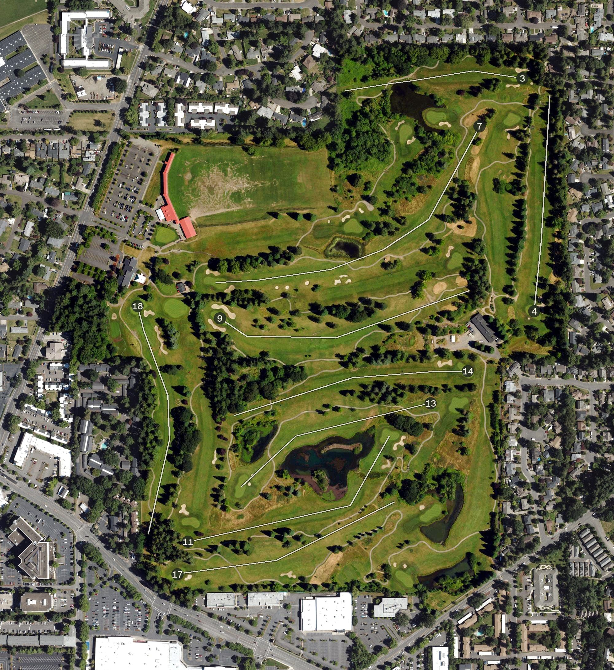 Aerial view of RedTail Golf Course, OR, with its hole routing marked