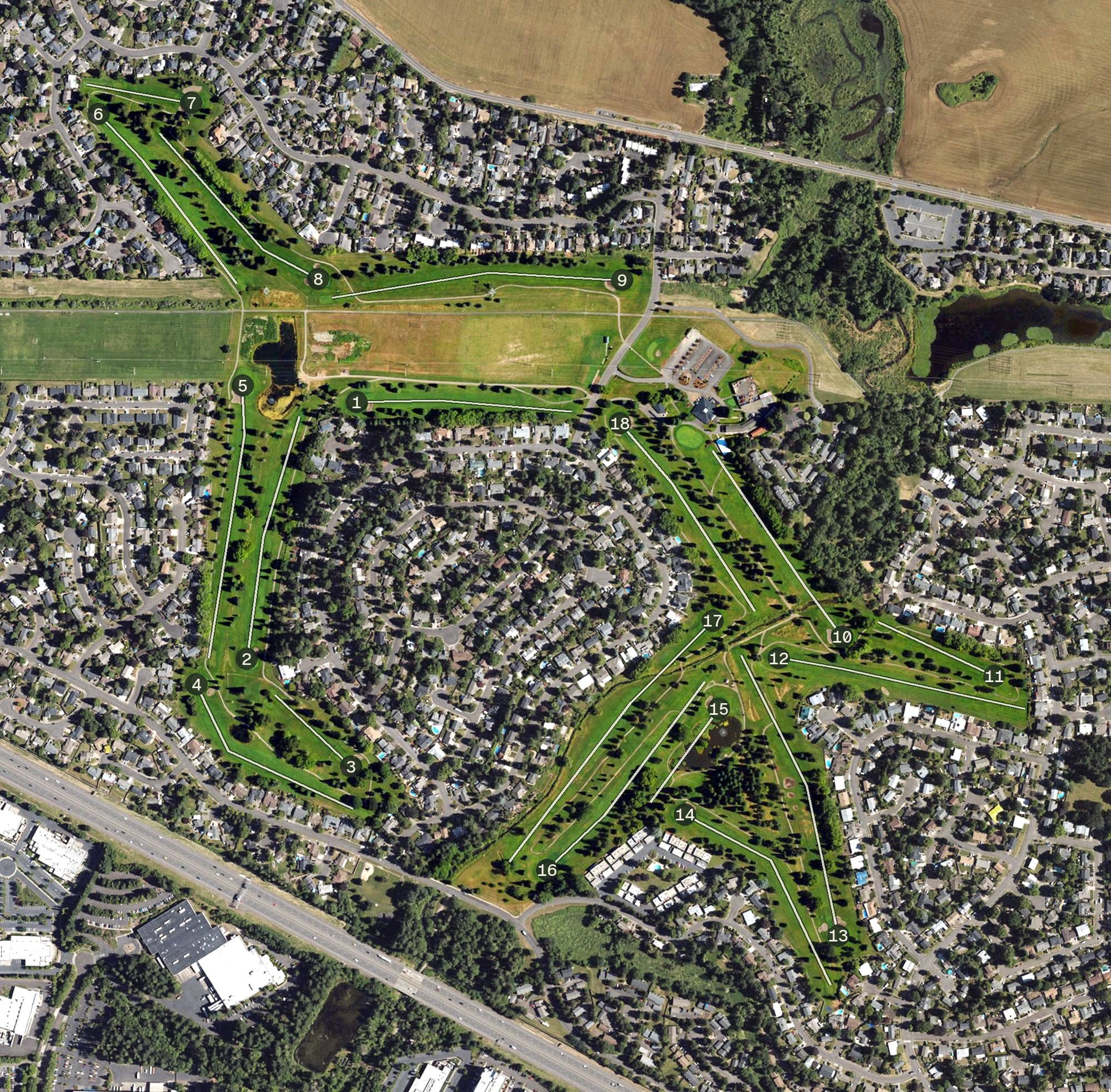 Aerial view of Rock Creek Country Club, OR, with its hole routing marked