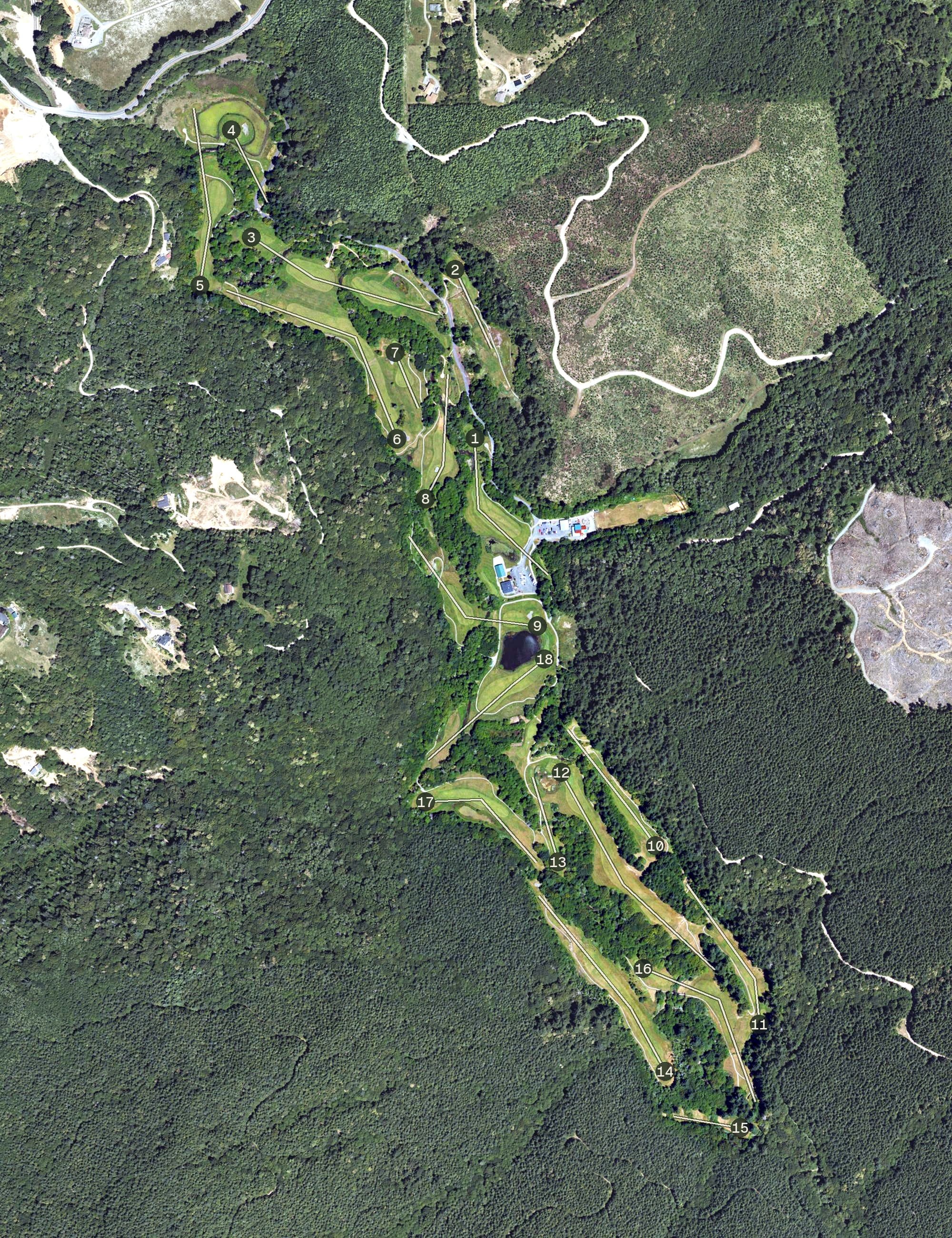 Aerial view of Salmon Run Golf Course, OR, with its hole routing marked