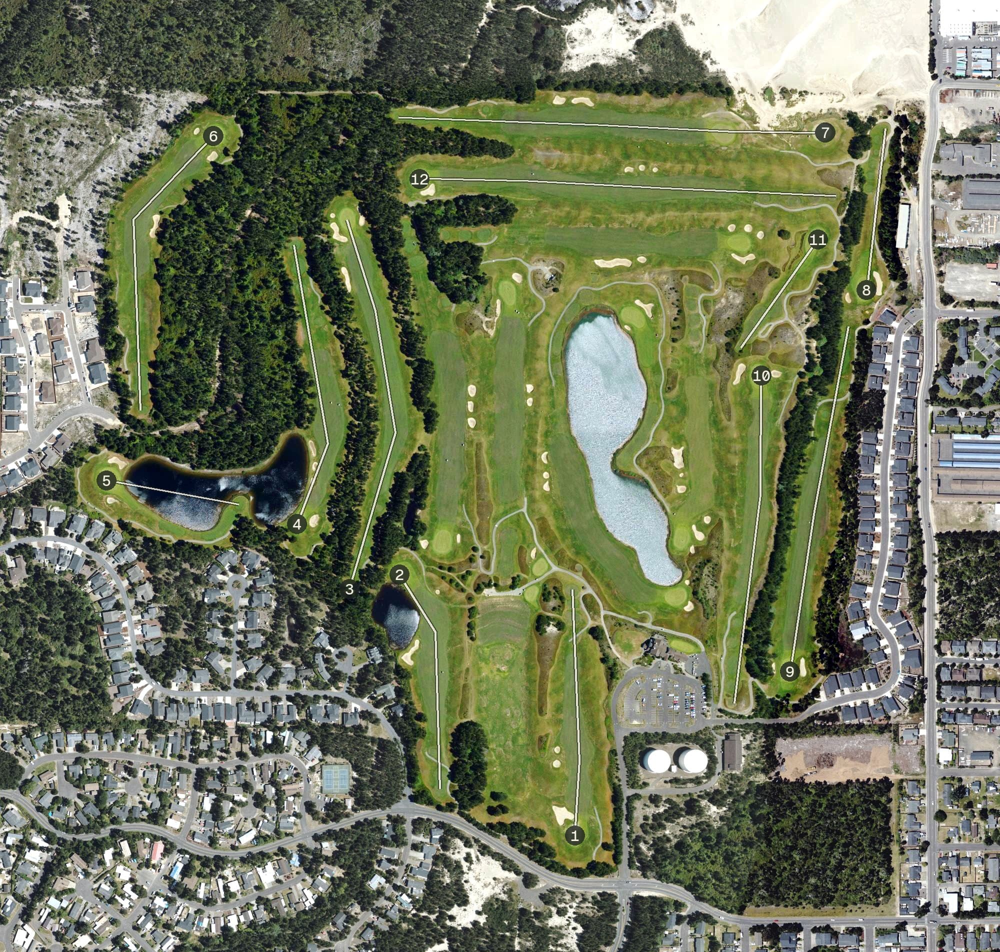 Aerial view of Sandpines Golf Link, OR, with its hole routing marked