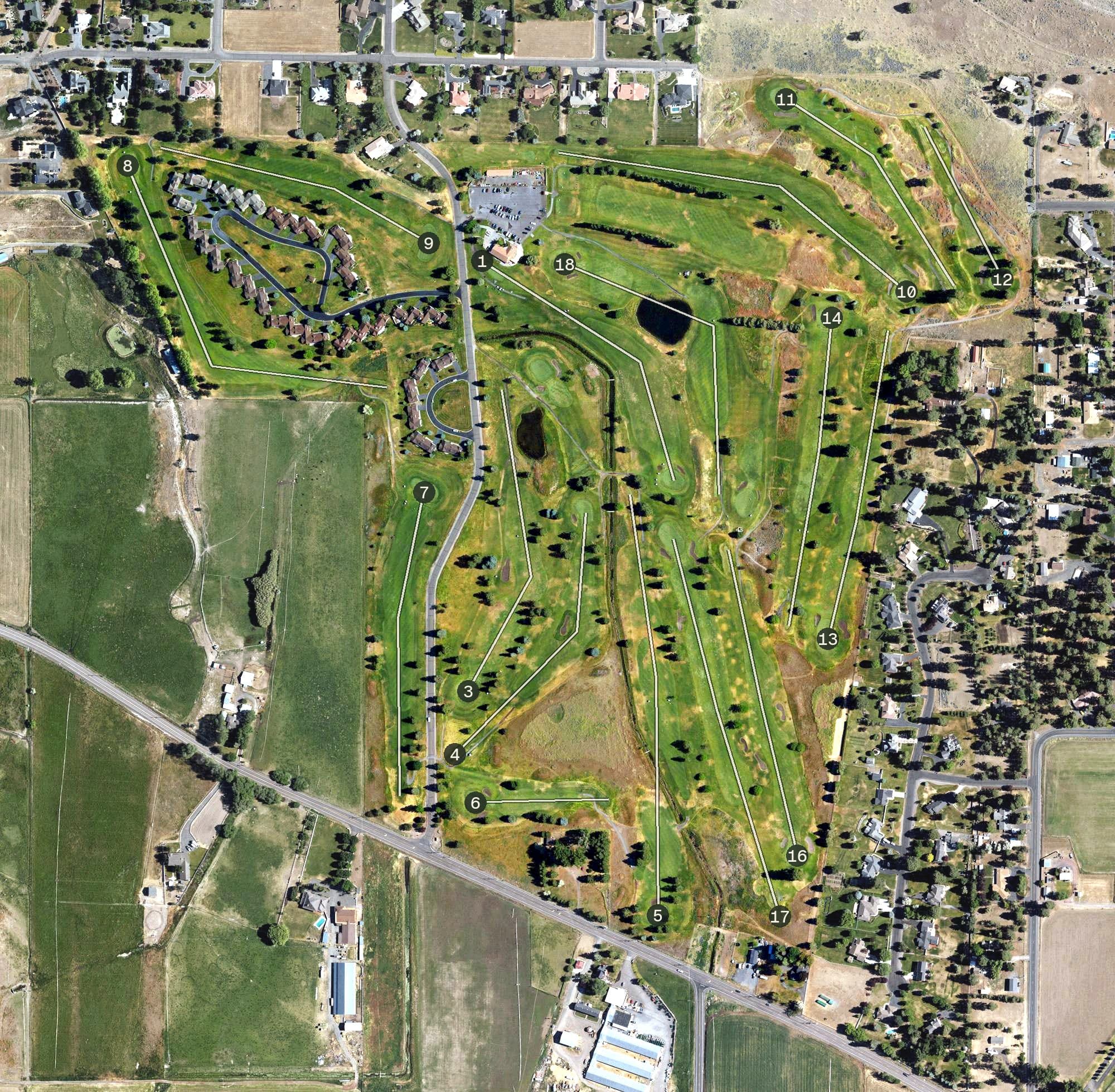 Aerial view of Shield Crest Golf Course, OR, with its hole routing marked