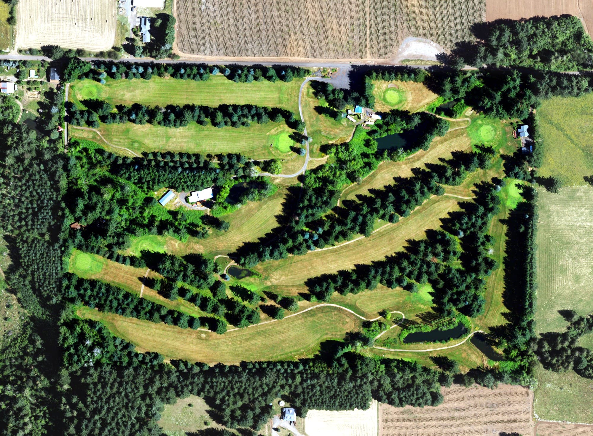 Aerial view of Springwater Golf Course, OR, with its hole routing marked
