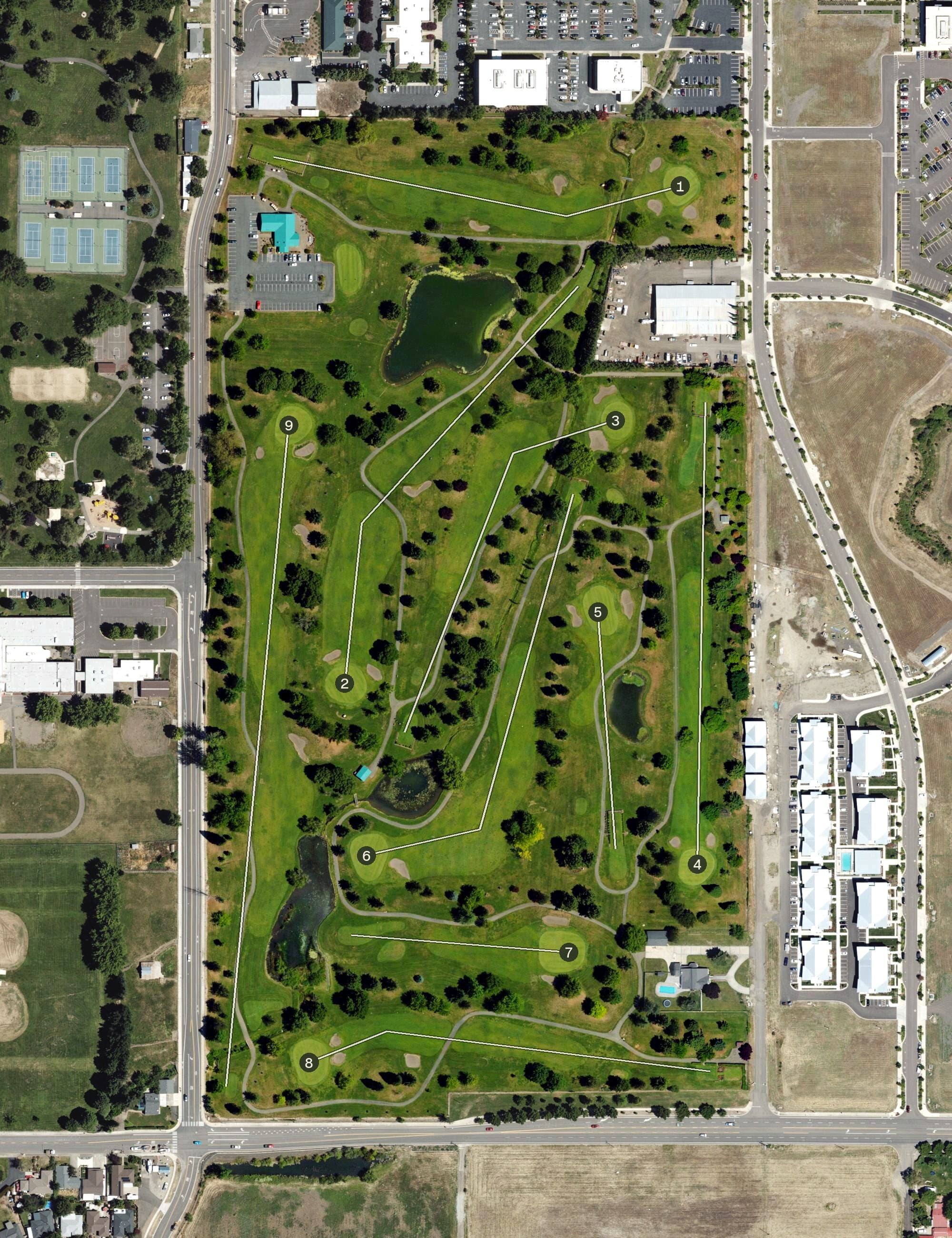 Aerial view of Stewart Meadows Golf Course, OR, with its hole routing marked