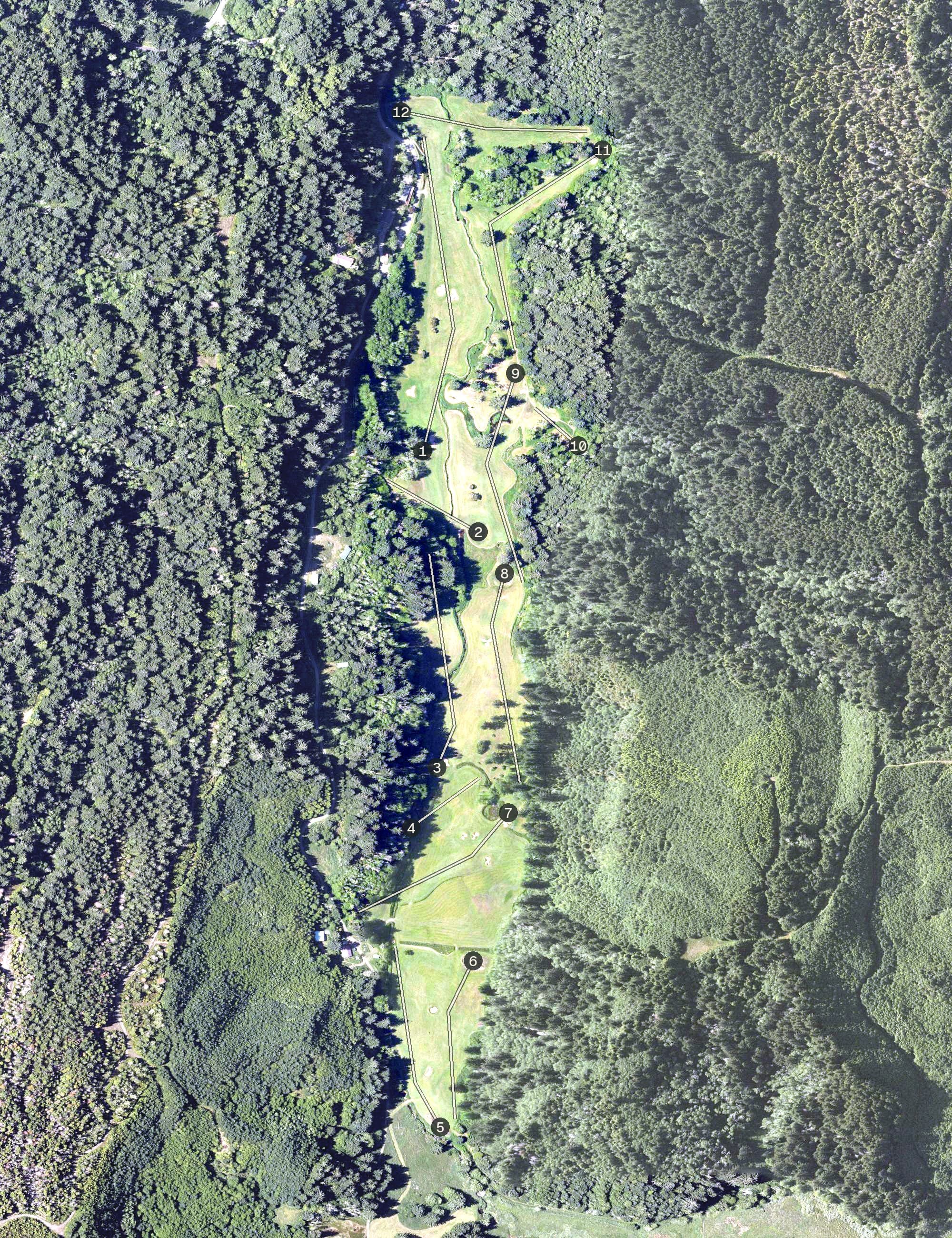 Aerial view of Sunset Bay Golf Course, OR, with its hole routing marked