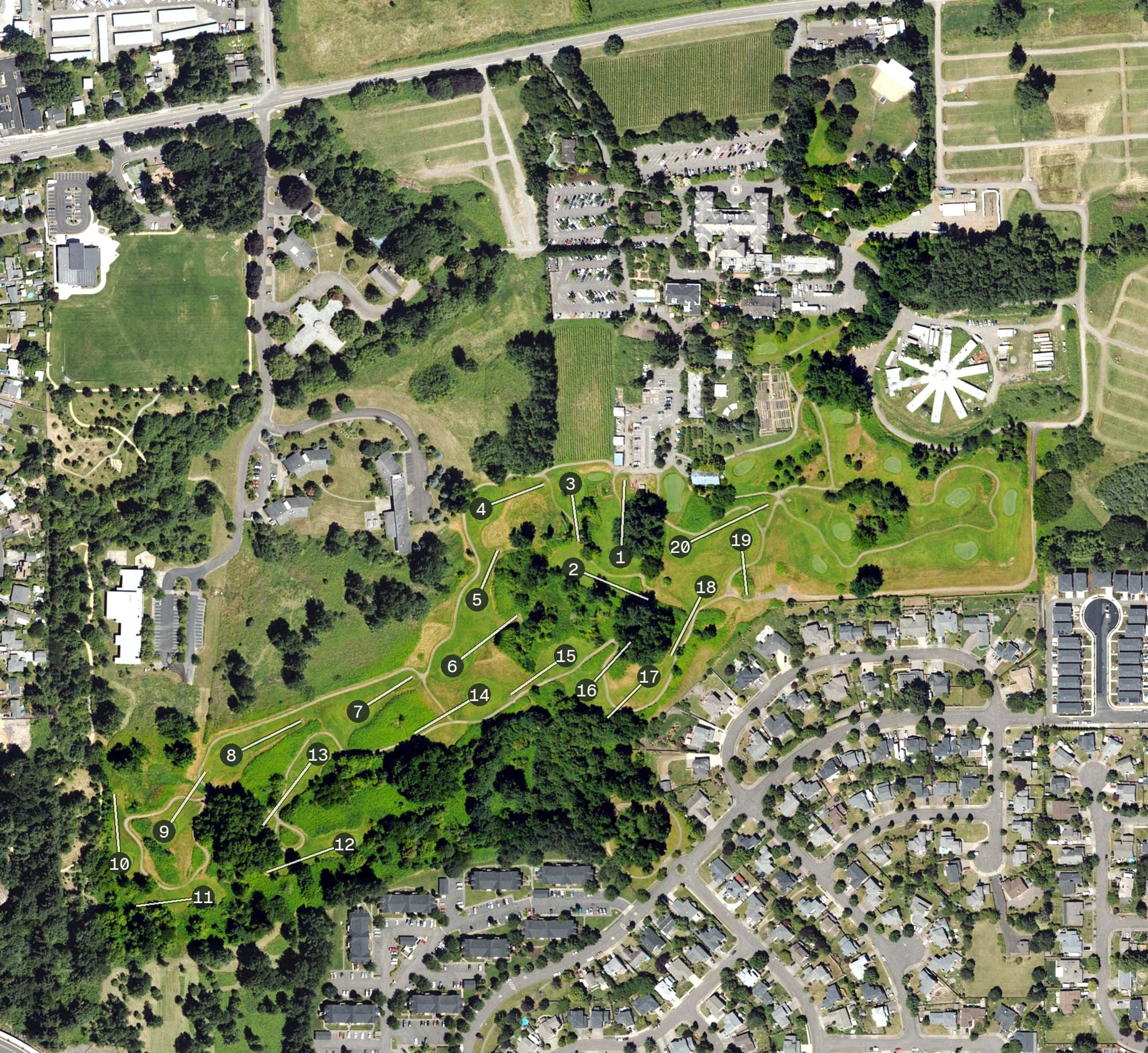 Aerial view of The Pub Courses at Edgefield, OR, with its hole routing marked