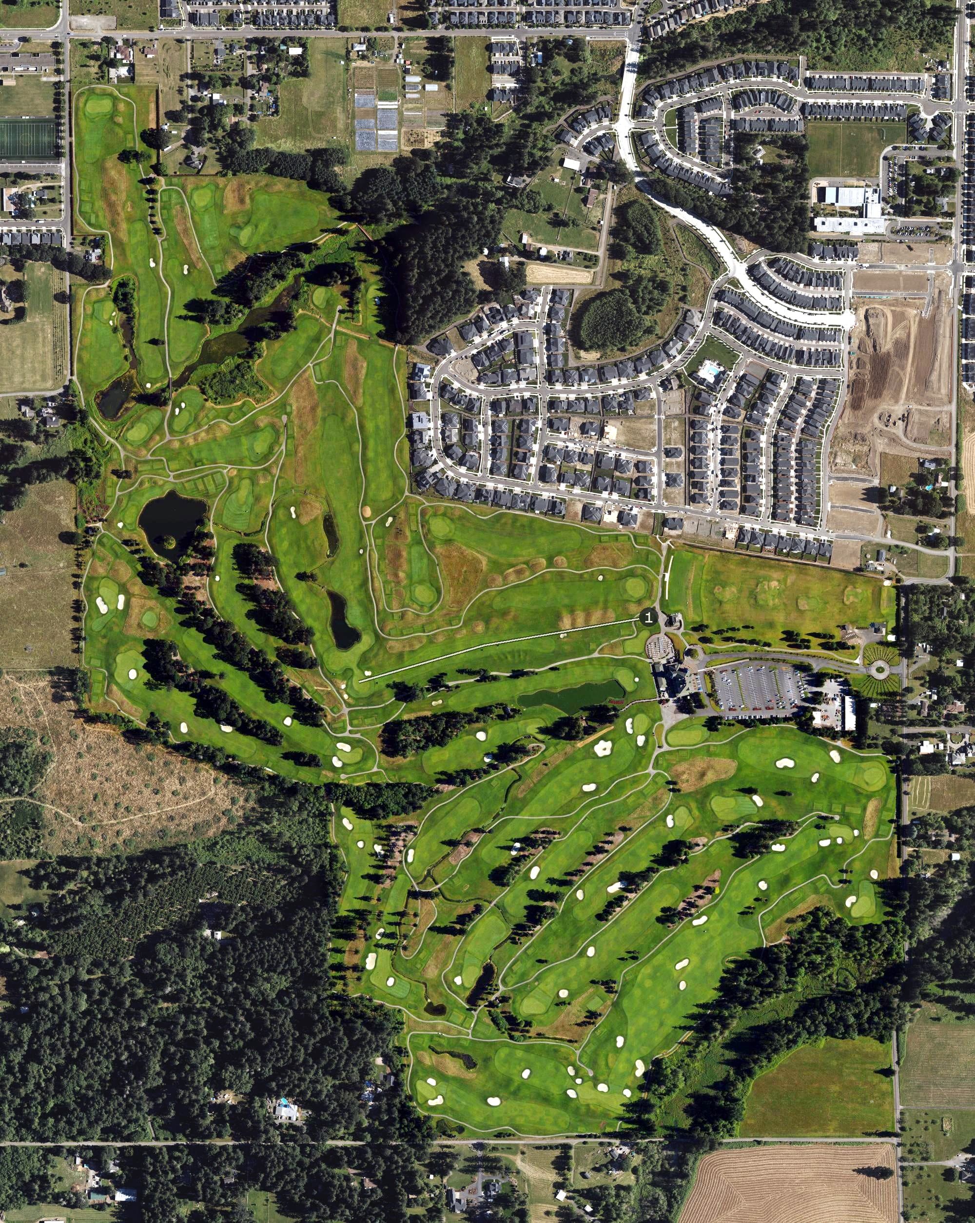 Aerial view of The Reserve, OR, with its hole routing marked
