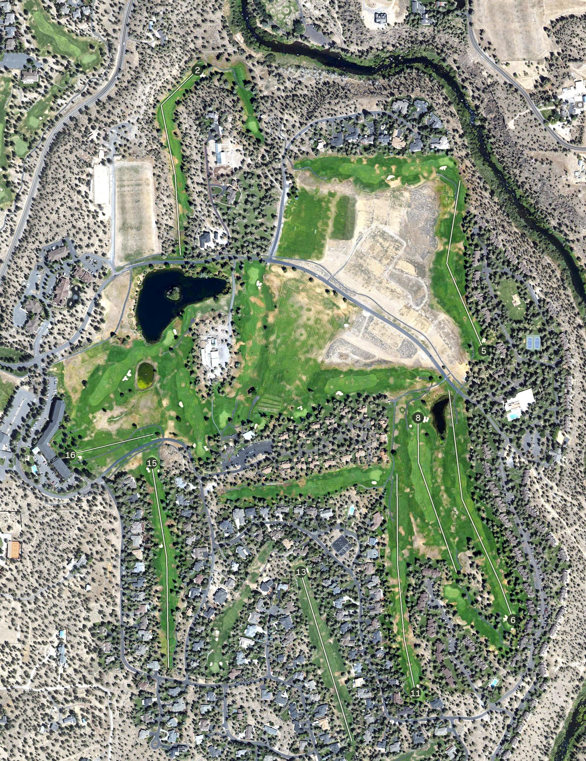 Aerial view of The Resort Course At Eagle Crest, OR, with its hole routing marked