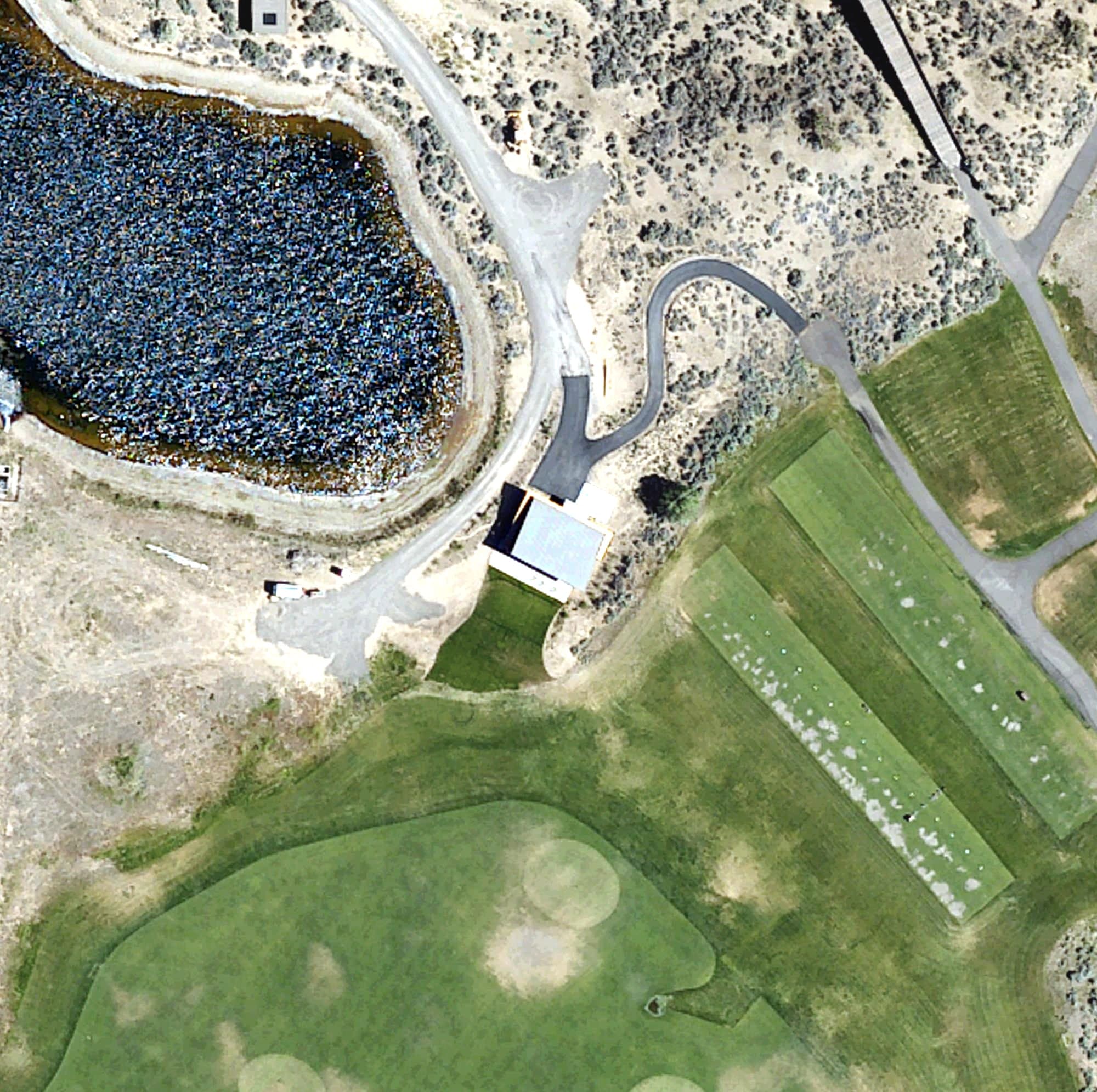 Aerial view of The Shed, OR, with its hole routing marked