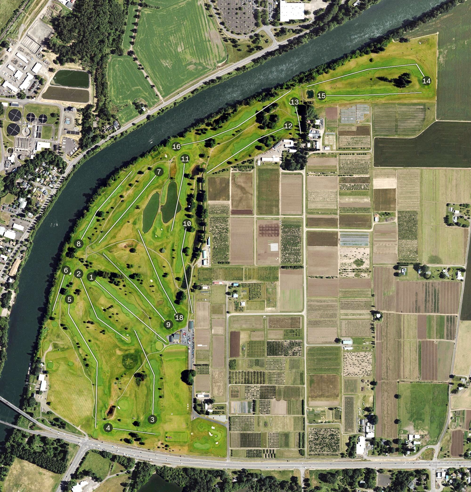 Aerial view of Trysting Tree Golf Club, OR, with its hole routing marked