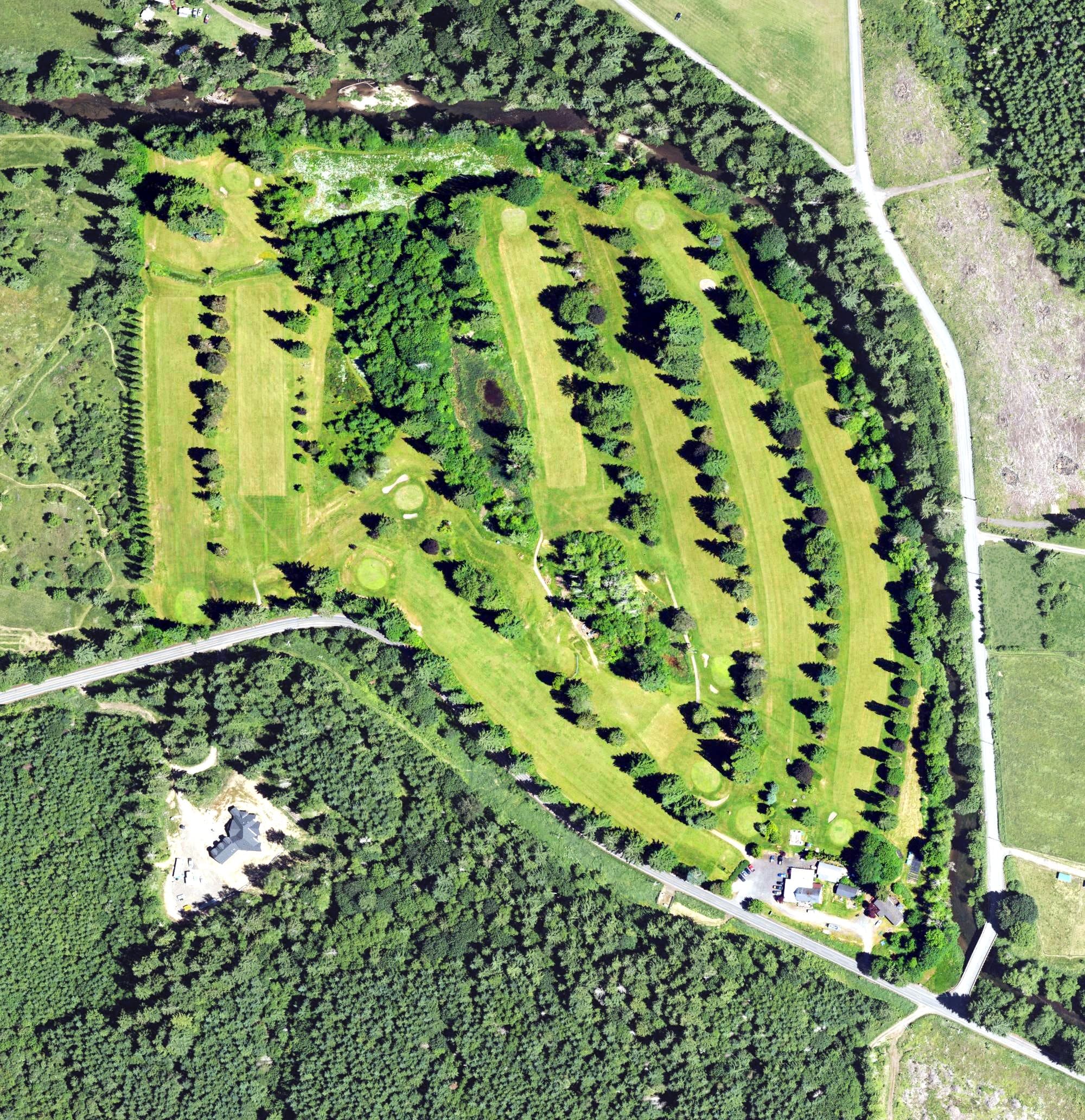 Aerial view of Vernonia Golf Course, OR, with its hole routing marked