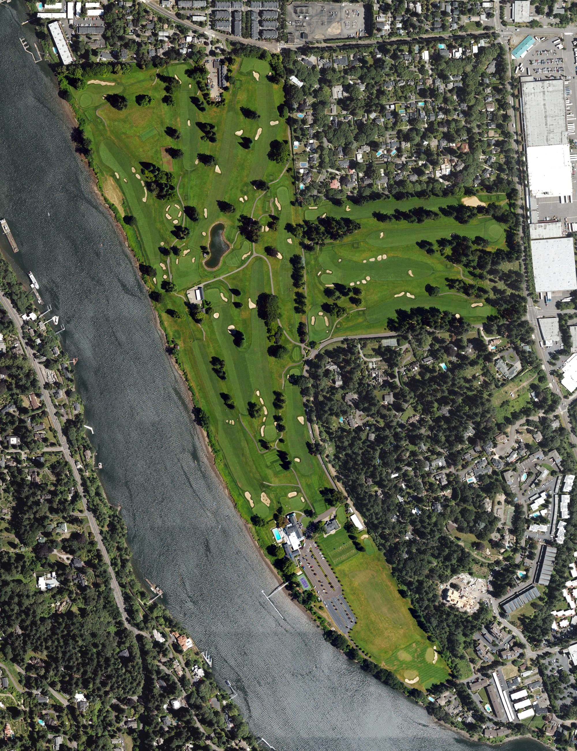 Aerial view of Waverly Country Club, OR, with its hole routing marked